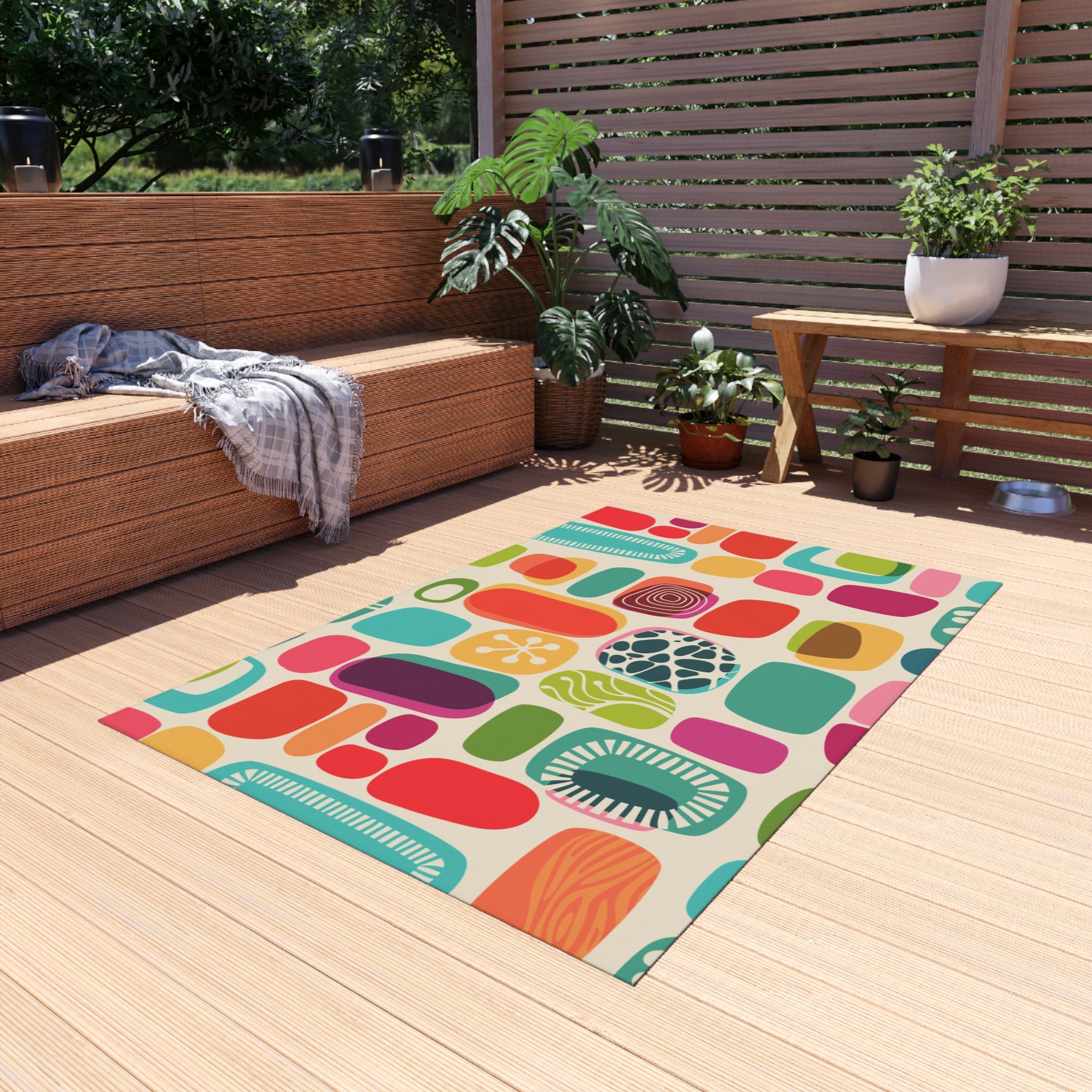 Mid Century Modern, Abstract, Geometric Mod Amoeba, Retro, Indoor Polyester, Orange, Purple, Aqua, Mustard Yellow Outdoor Rug - Mid Century Modern Gal