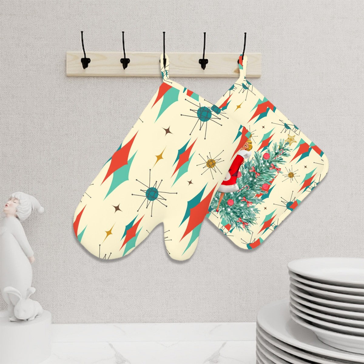 Retro Vintage Christmas Holiday Kitsch Atomic Starburst Oven Mitts and Pot Holders Sets (Right Hand) - Mid Century Modern Gal