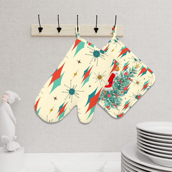 Retro Vintage Christmas Holiday Kitsch Atomic Starburst Oven Mitts and Pot Holders Sets (Right Hand)