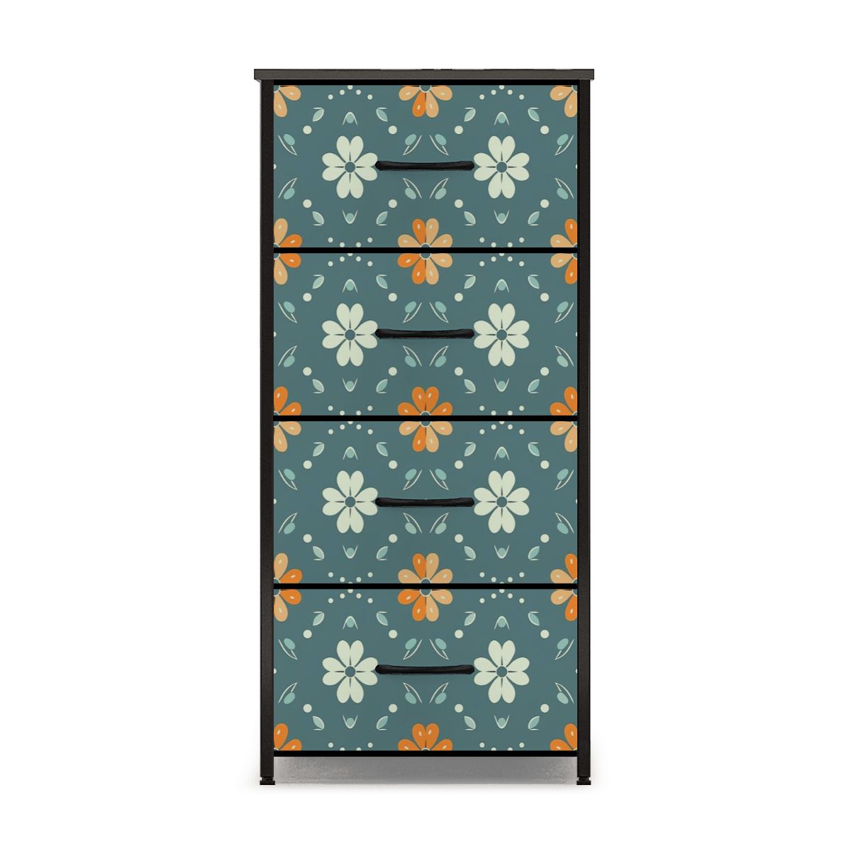 Mid Century Modern Scandinavian Blue, Orange Cream Retro Floral 4-Drawer Dresser - Mid Century Modern Gal