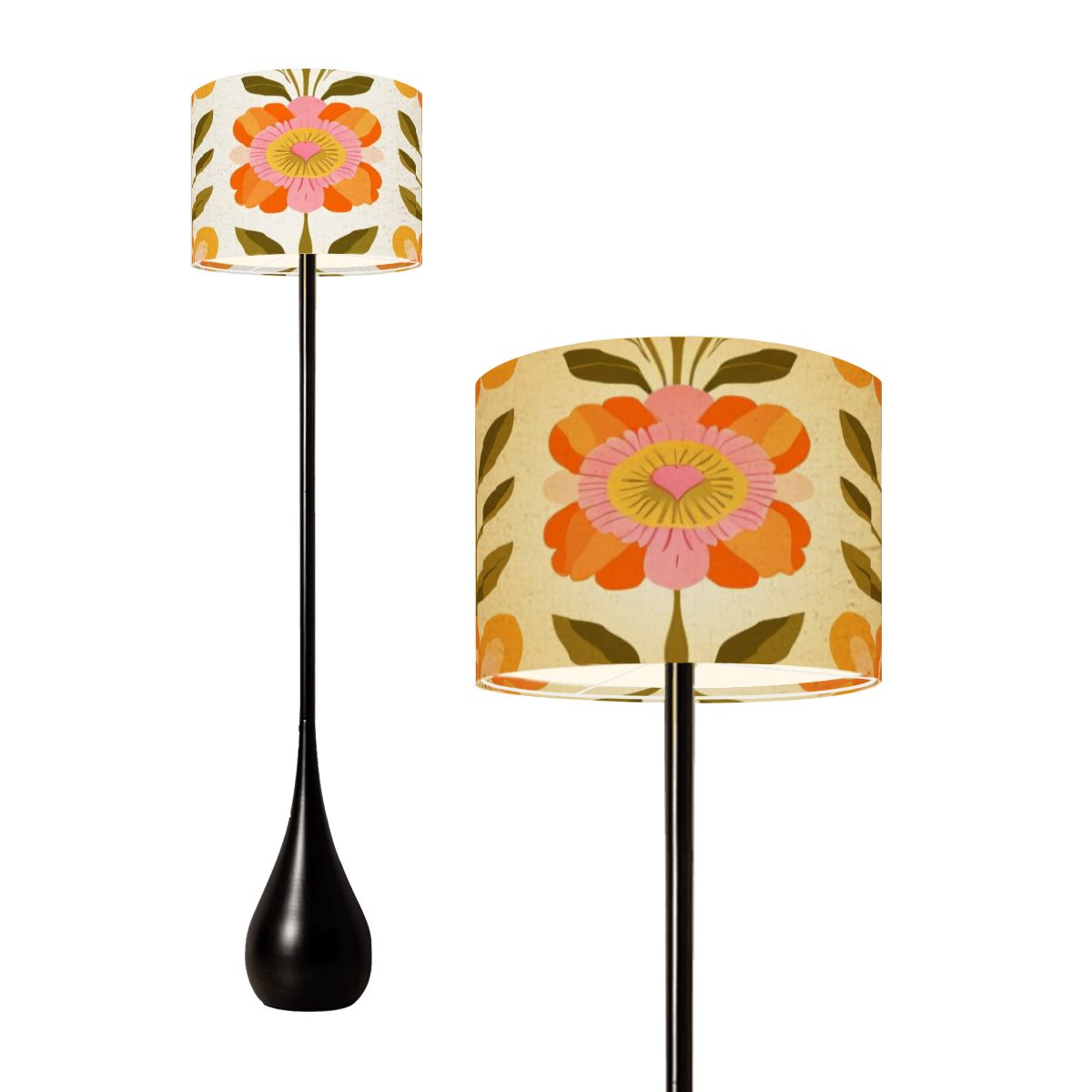 Mid Century Modern Scandinavian Orange Green Floral Teardrop Shaped Floor Lamp - Mid Century Modern Gal