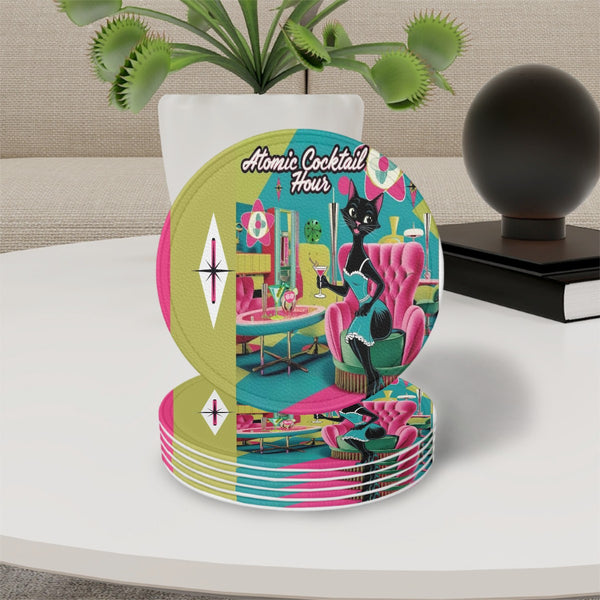 Atomic Cocktail Mid Century Modern Retro Cat Kitschy Mod Barware Thick Round Coasters Set of 6