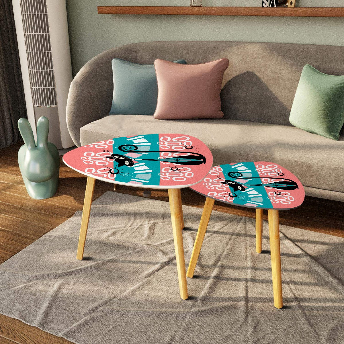 Atomic Cat Mid Century Modern Nesting Tables In Coral, Teal Kitschy Mod Triangle Coffee Table Set of 2 - Mid Century Modern Gal