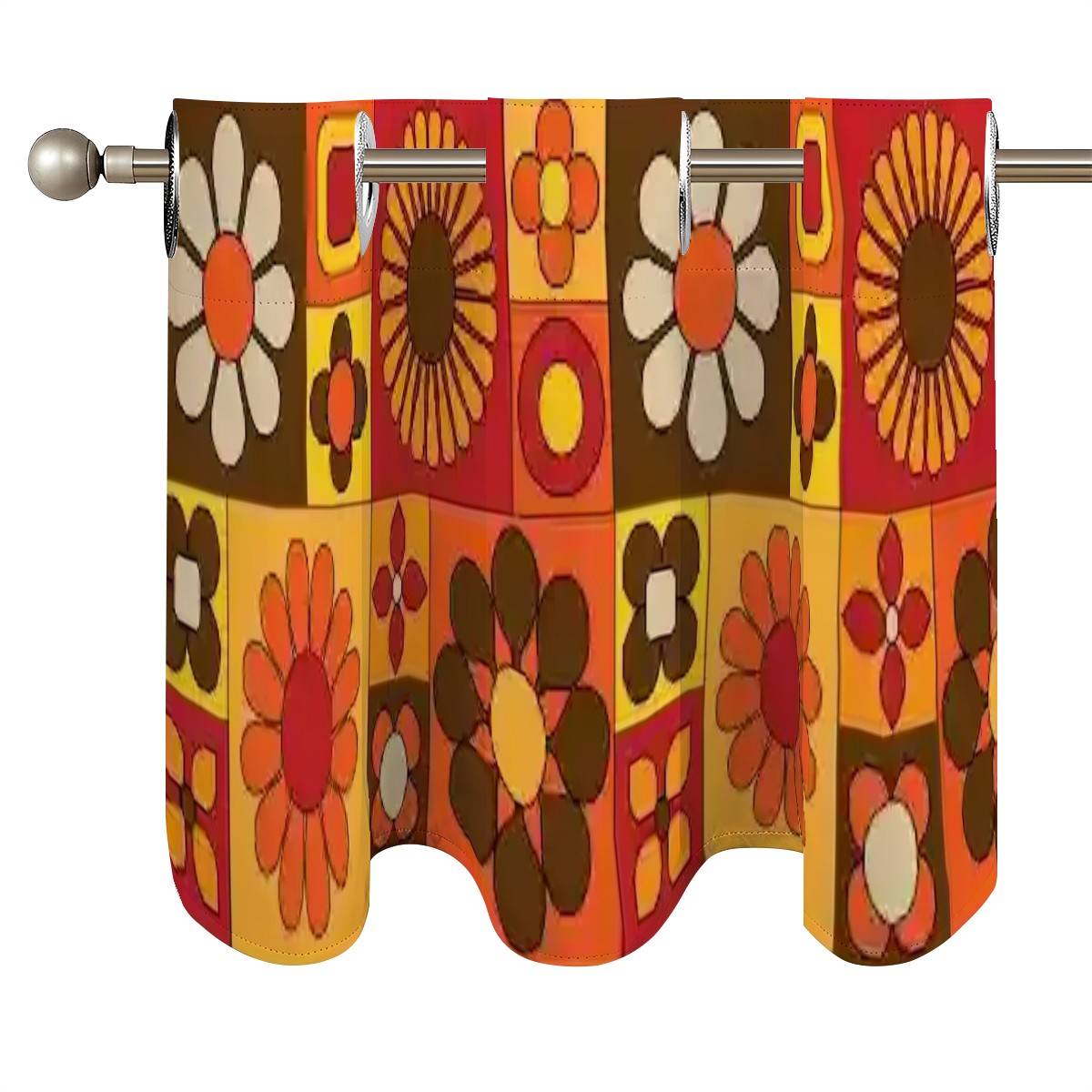 Retro Mid Mod 70s Flower Power Orange, Brown Yellow Retro Kitchen Valance Curtains - Mid Century Modern Gal