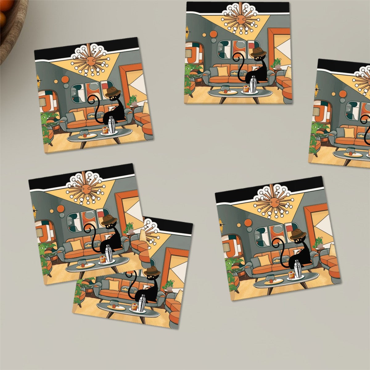 Mid Mod Dude Cool Atomic Cat, Retro Cermaic MCM Barware Coasters - Mid Century Modern Gal