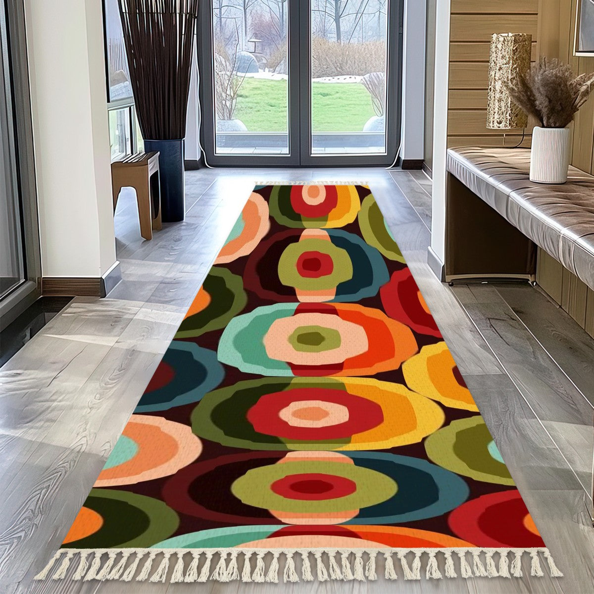 Mid Century Modern Boho Retro Orb Colorful Funky Tassel Rug - Mid Century Modern Gal