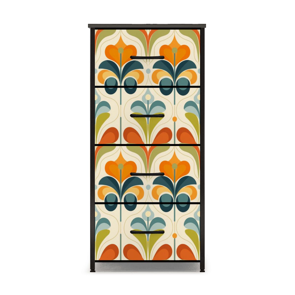 Mid Century Modern Groovy Retro Floral, Orange Green, Blue 4-Drawer Dresser - Mid Century Modern Gal