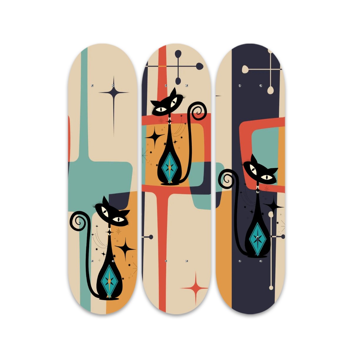 Mid Century Modern Wood Wall Art, Atomic Cat, Kitschy Quirky Oblong Panels - Mid Century Modern Gal