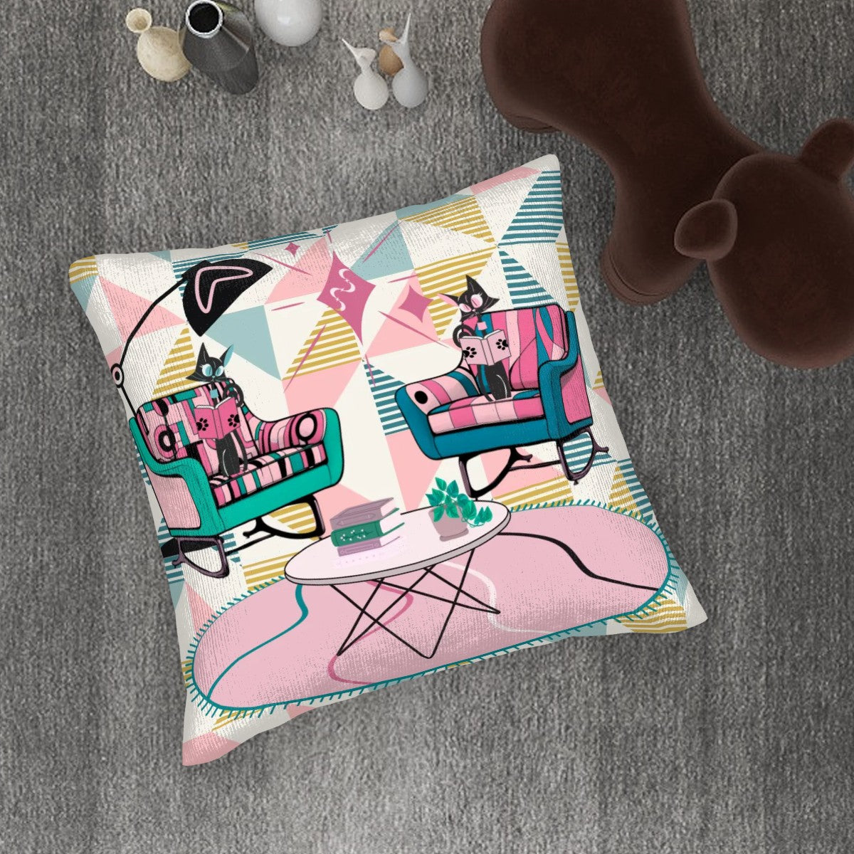 Cats Reading Pillow, Atomic Mid Mod Book Lover, Book Club Gift Ideas Pillow Covers - Mid Century Modern Gal