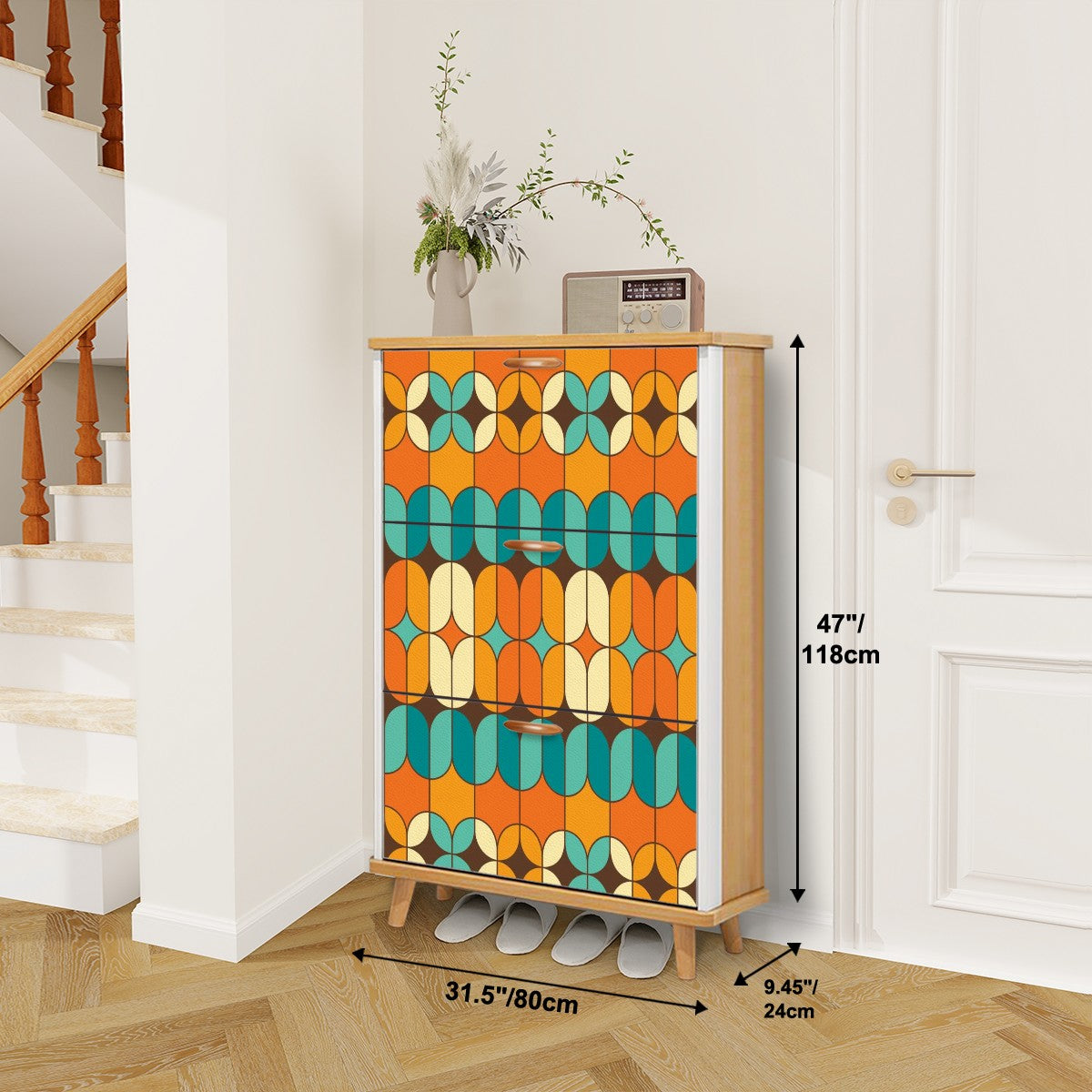 Mid Century Modern Shoe Cabinet, Shoe Storage, Bold Orange And Teal Cabinet - Mid Century Modern Gal