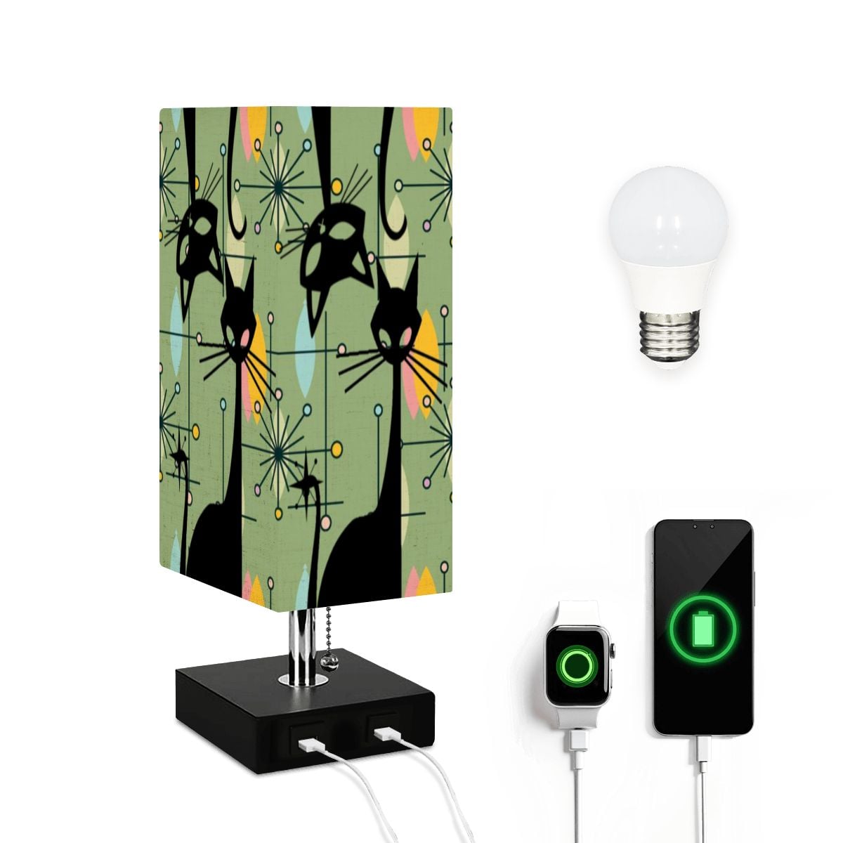 Atomic Starburst Atomic Cat Green Yellow Sputnik Designed MCM Square Table Lamp with USB Ports - Mid Century Modern Gal
