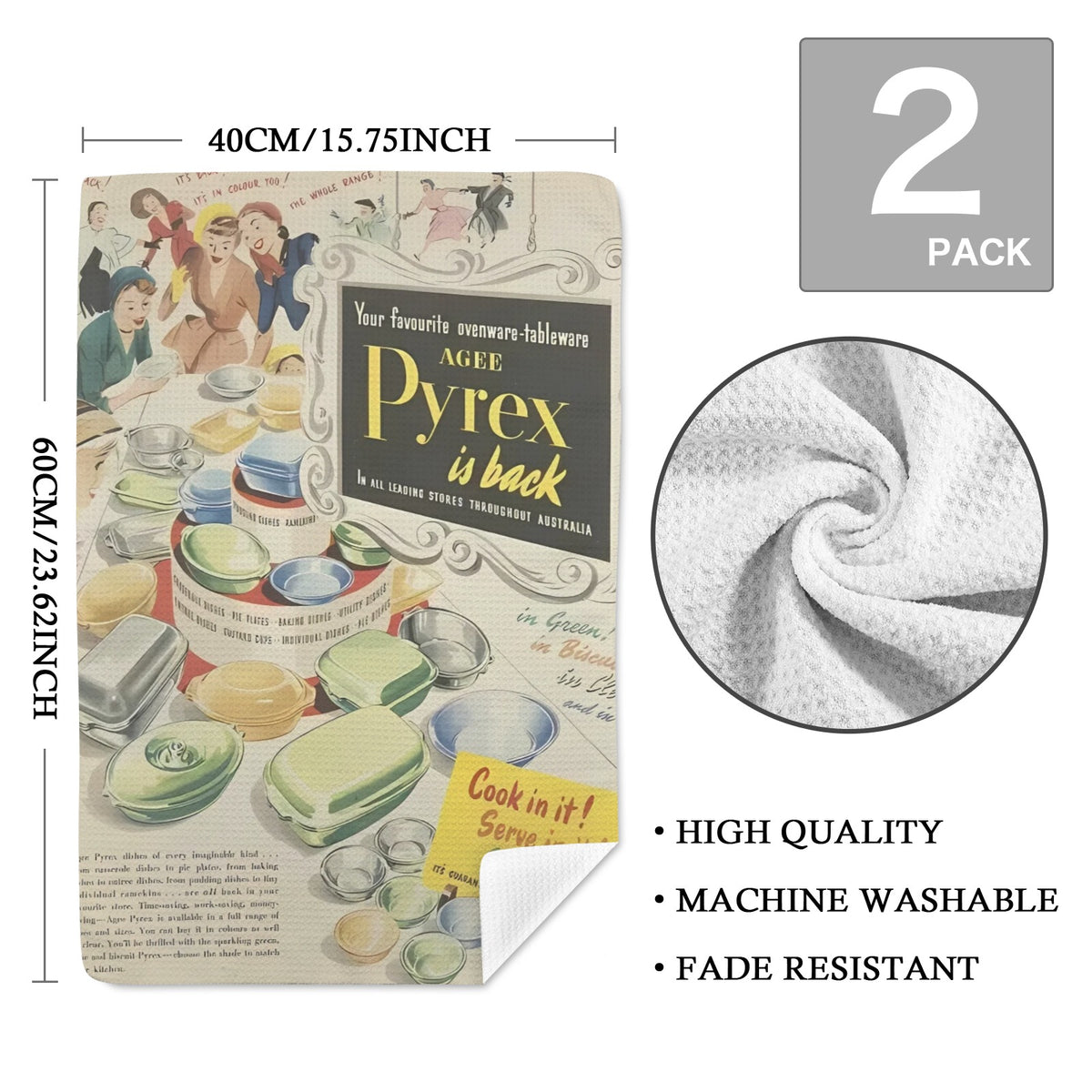 Vintage Pyrex Collector Kitschy Retro Pyrex Ad Kitchen Towel Set - Mid Century Modern Gal
