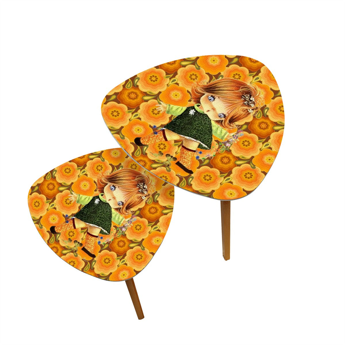 Retro 70s Vintage Big Eyed Girl, Marigolds Flower Power Nesting Tables - Mid Century Modern Gal