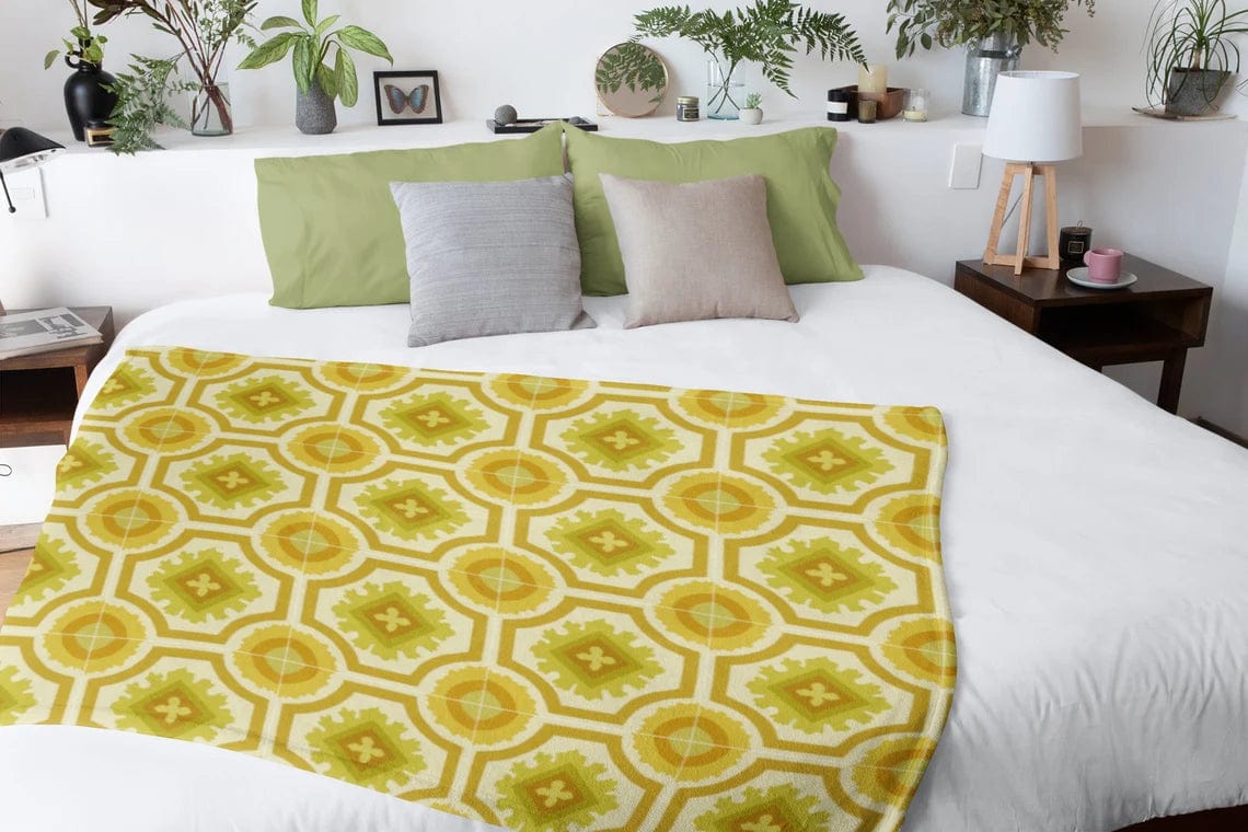 60's 70's Avocado, Verde Green, Golden Yellow, Retro, Nostalgic Linoleum Tile Velveteen Minky Blanket Home Decor