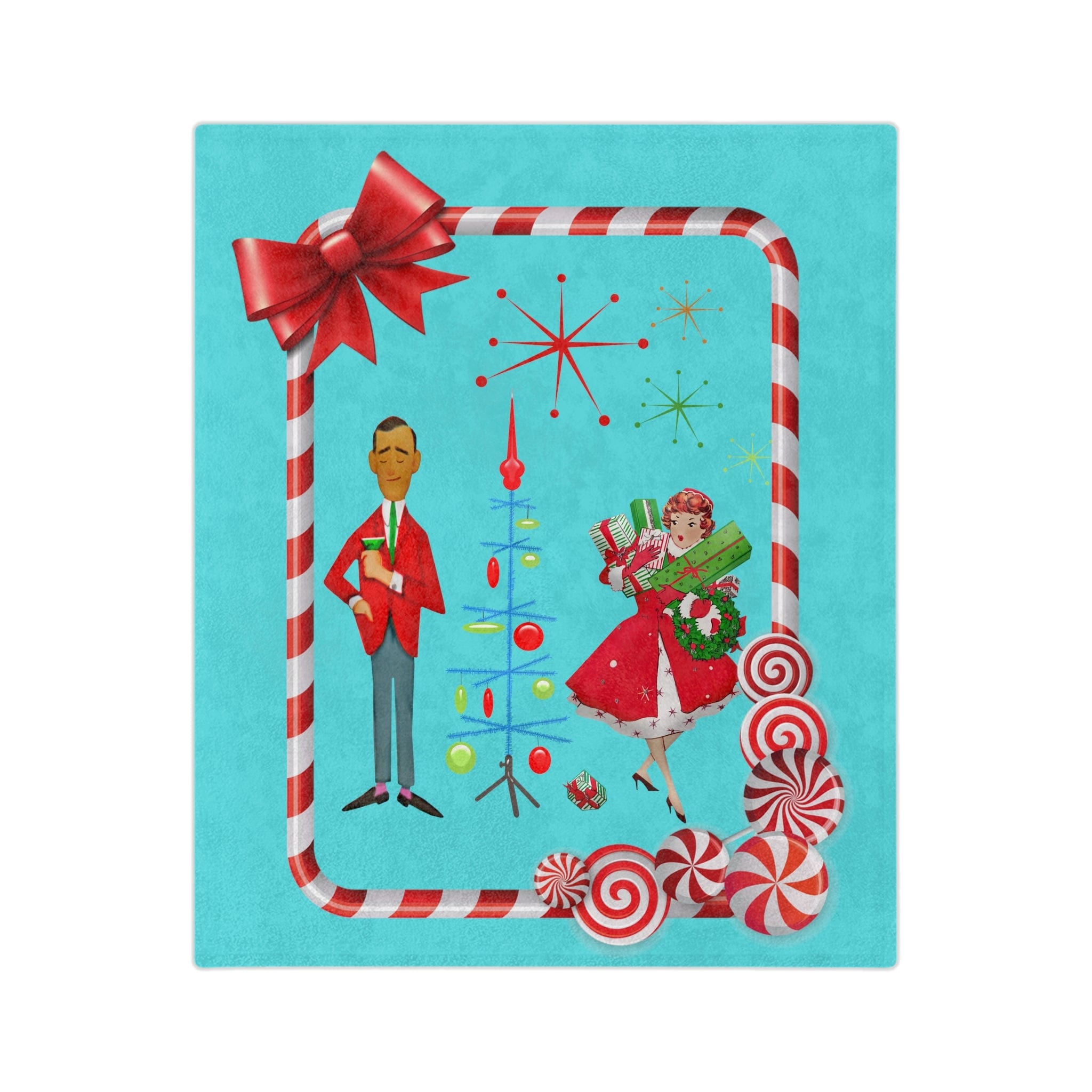 Mid Century Christmas, His And Her, Kitschy Cute, Vintage Mod Aqua Blue, Red, Candy Cane Velveteen Minky Blanket Home Decor 60" × 50"