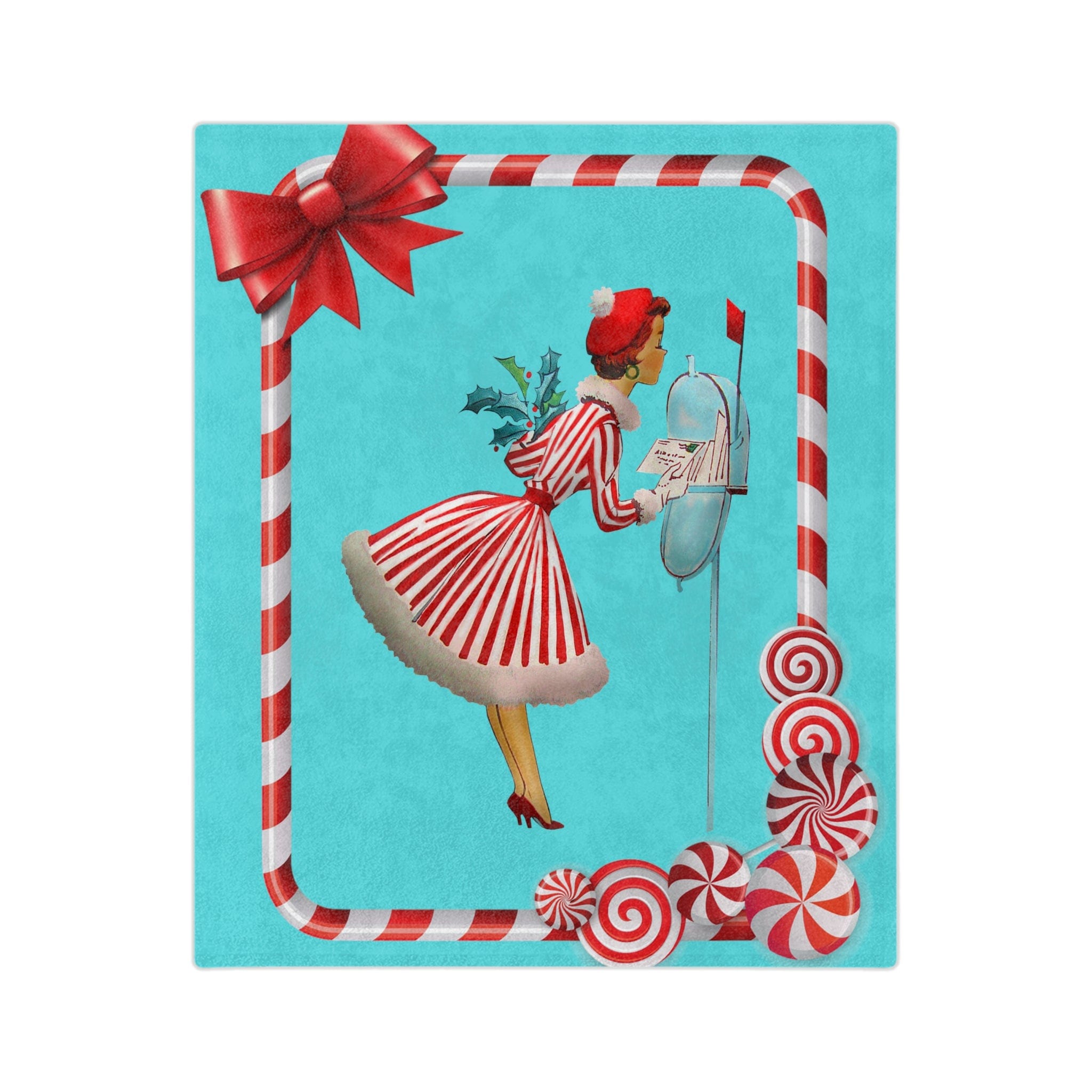 Mid Century Modern, Aqua, Red, Christmas Candy Cane, Kitschy Retro Velveteen Minky Blanket Home Decor 60" × 50"