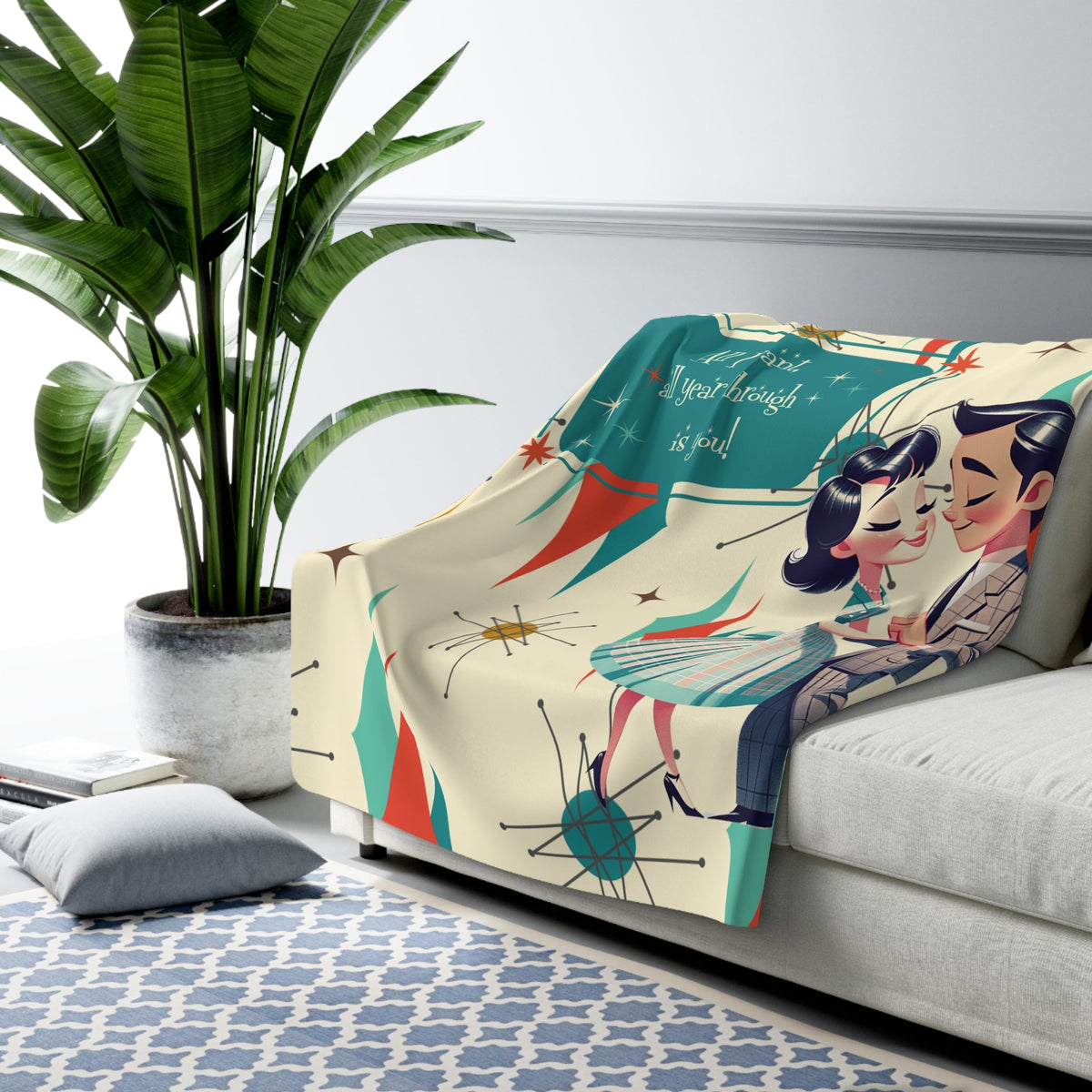 50's Mid Century Modern Atomic Franciscan Diamond, Lovey Dovey Couples Blanket Gift Home Decor 60" × 80"
