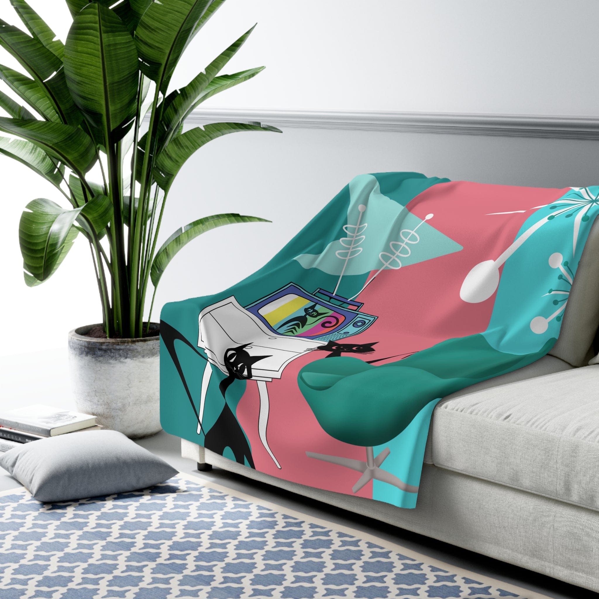 Atomic Cat, Retro Colored TV, Space Age Cats, Pink, Aqua, Teal Mid Century Modern Starbursts, Design by Mid Century Modern Gal Blanket Home Decor 60" × 80"