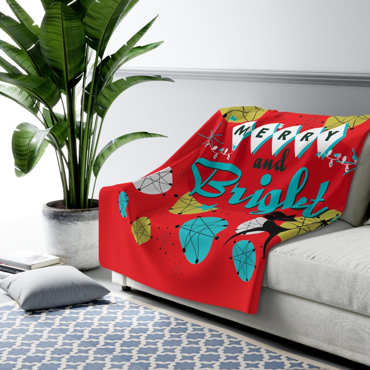 Mid Century Atomic Christmas Blanket, Red, Atomic Cat, Starburst Franciscan Pattern Sherpa Fleece Blanket Home Decor 60" × 80"
