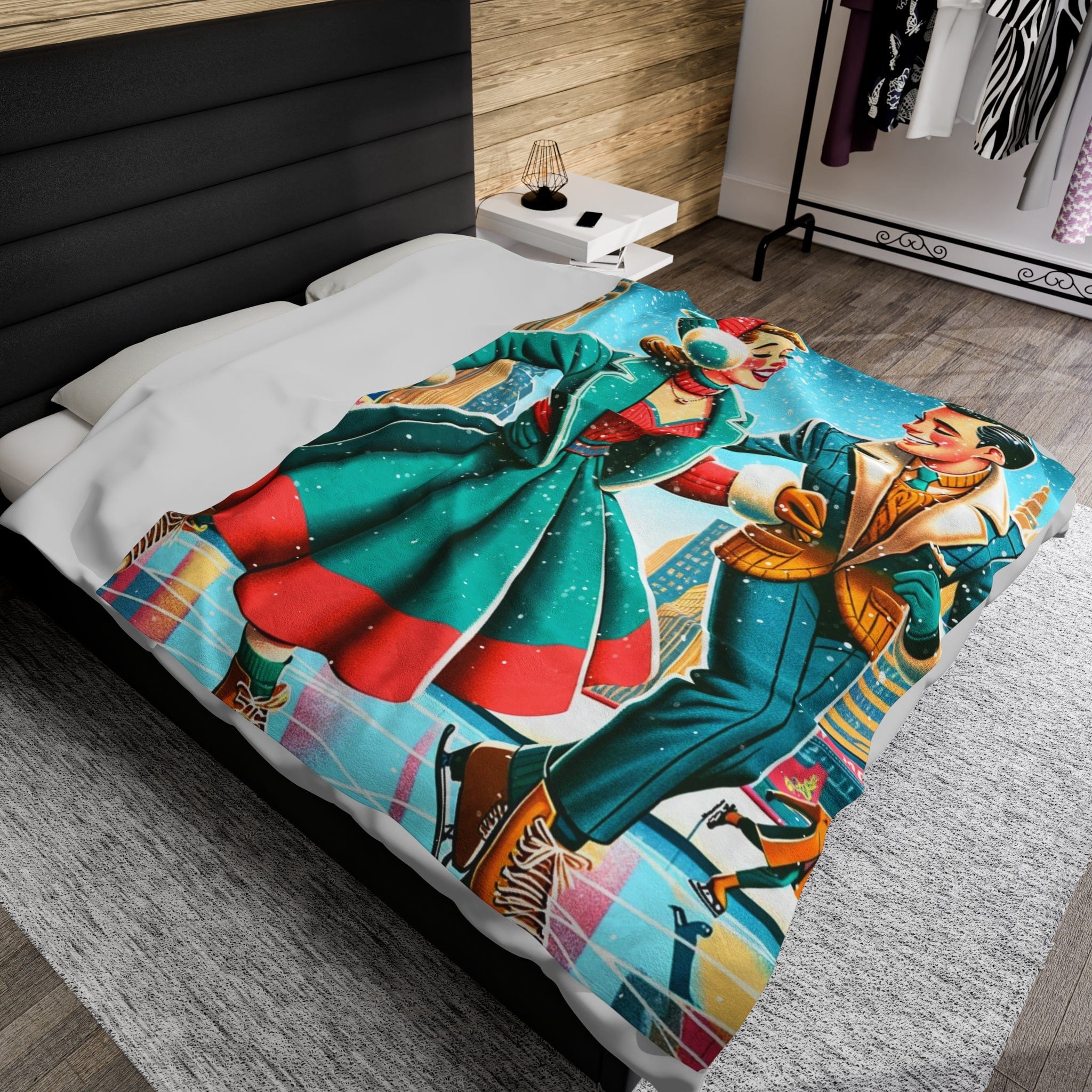 Mid Century Modern 50s New York City Central Park Couple Skating Winter Decor Velveteen Plush Blanket All Over Prints 60" × 80"