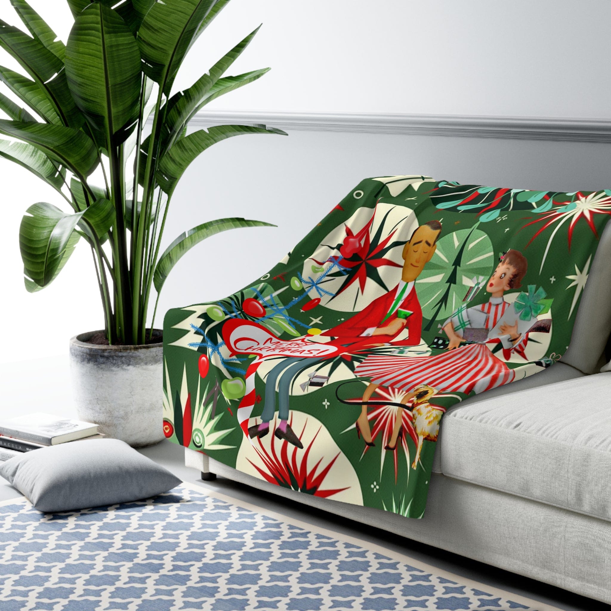 Mid Century Modern Christmas Blanket, Retro Kitsch 50&