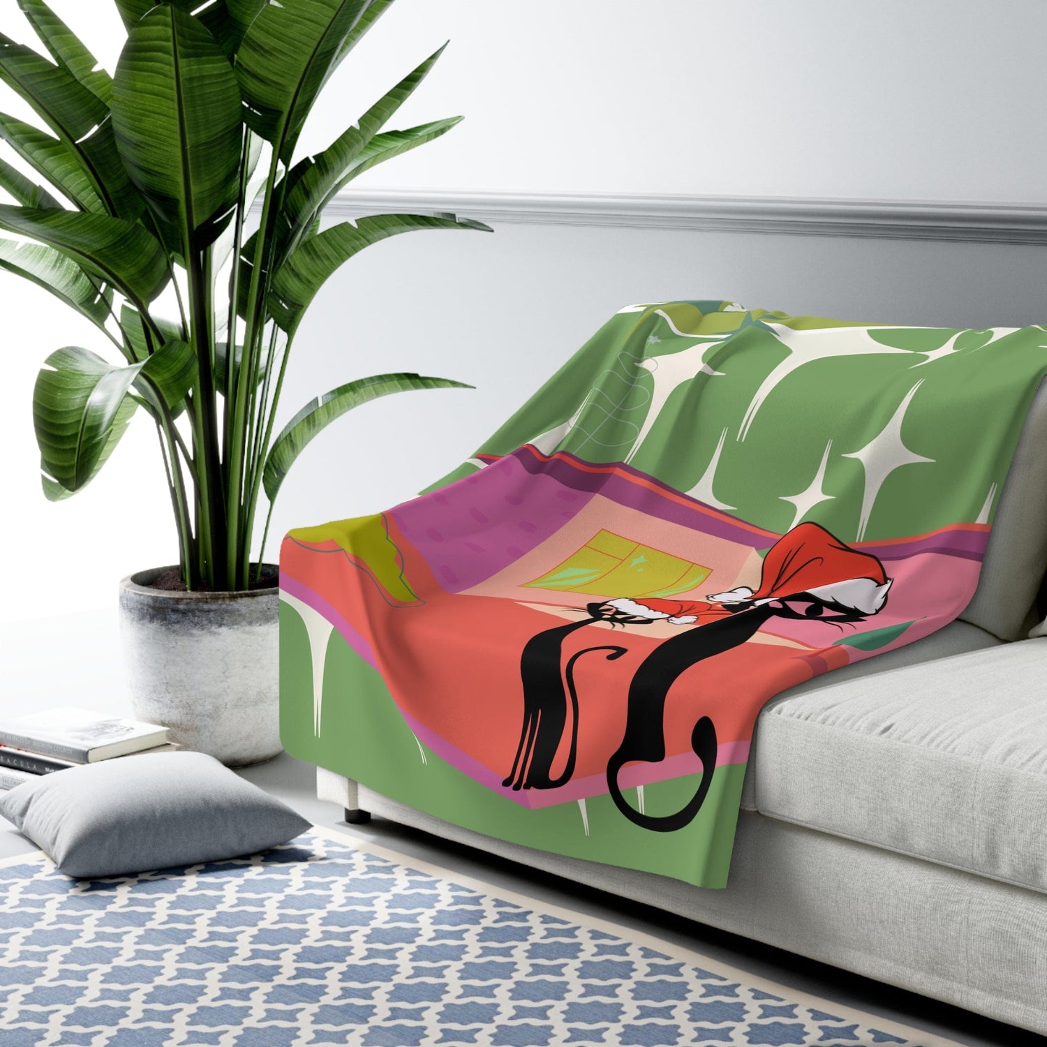 Mid Century Modern Christmas, Couples Gift, Kitschy Atomic Cat Designs, Holiday Retro Christmas Sherpa Fleece Blanket Home Decor 60" × 80"