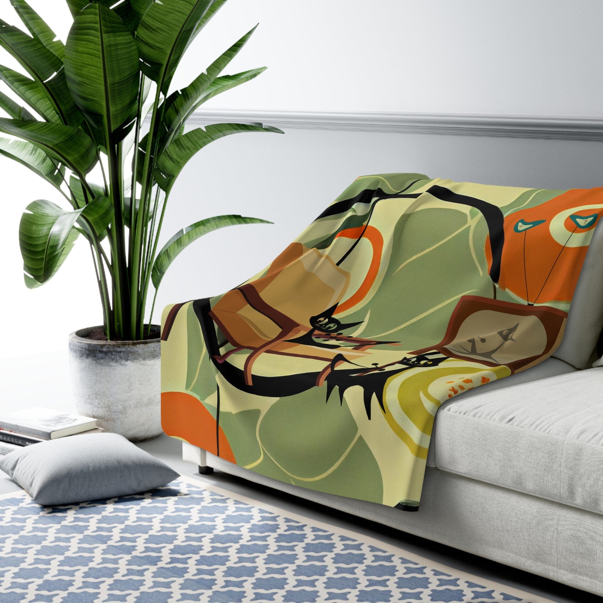 Mid Century Modern Designs, Atomic Cats, Black Cat Lover, Geometric Designs, Orange, Green Blanket By Mid Century Modern Gal Home Decor 60" × 80"