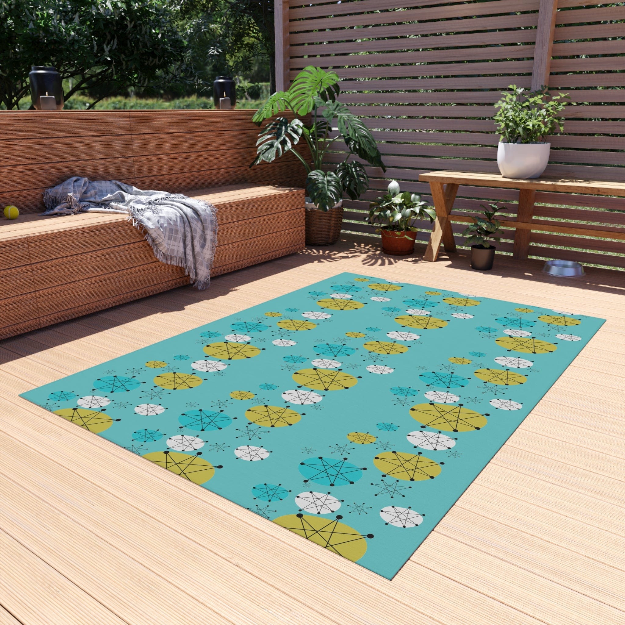 Mid Century Modern Design Francsican Starburst Atomic Aqua Blue Patio Rug, 50&