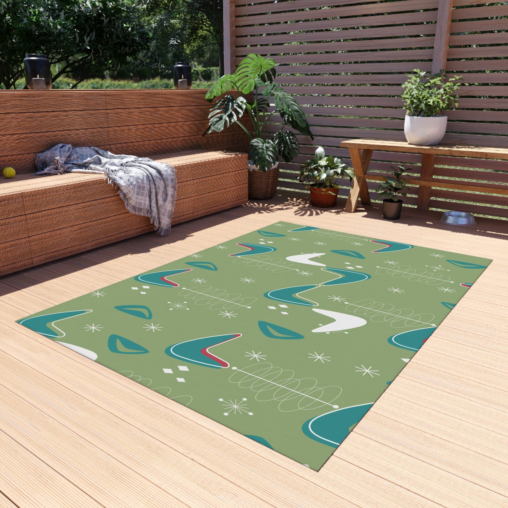 Mid Century Modern Designed, Boomerang Green, Teal, White, Mid Mod Atomic Space Indoor Outdoor Rug Home Decor 60" × 84"