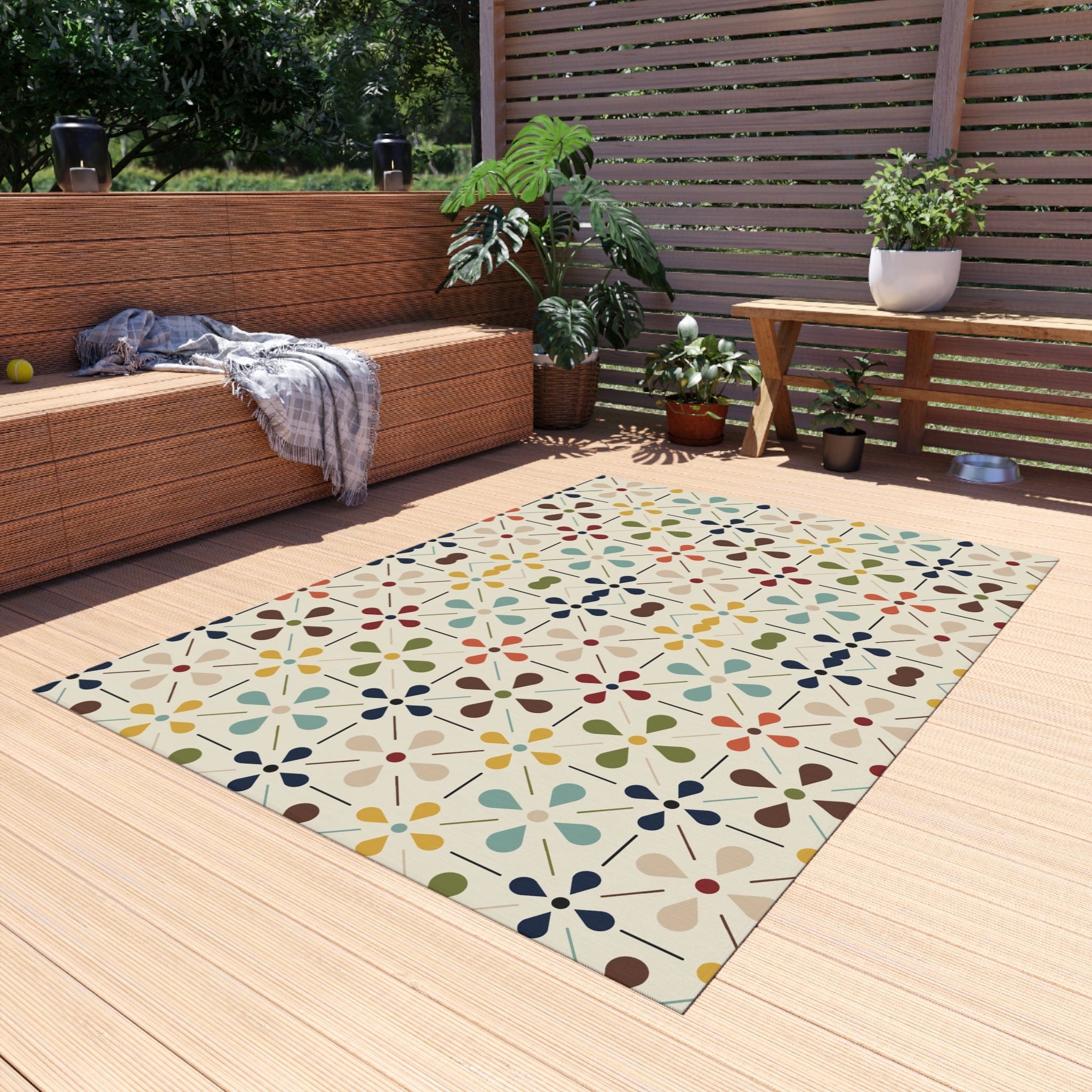 Mid Century Modern Scandinavian Flower, Mid Mod Retro Beige, Green, Aqua, Green, Orange, Indoor-Outdoor Rug Home Decor 60" × 84"