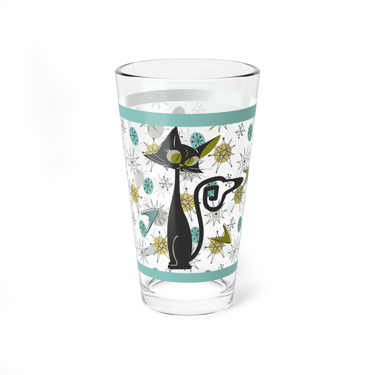 Franciscan Starburst Dish Pattern Mid Century Modern Drinkware, Atomic Cosmic Kittie, 50's Style Mixing Glass, 16oz - Mid Century Modern Gal