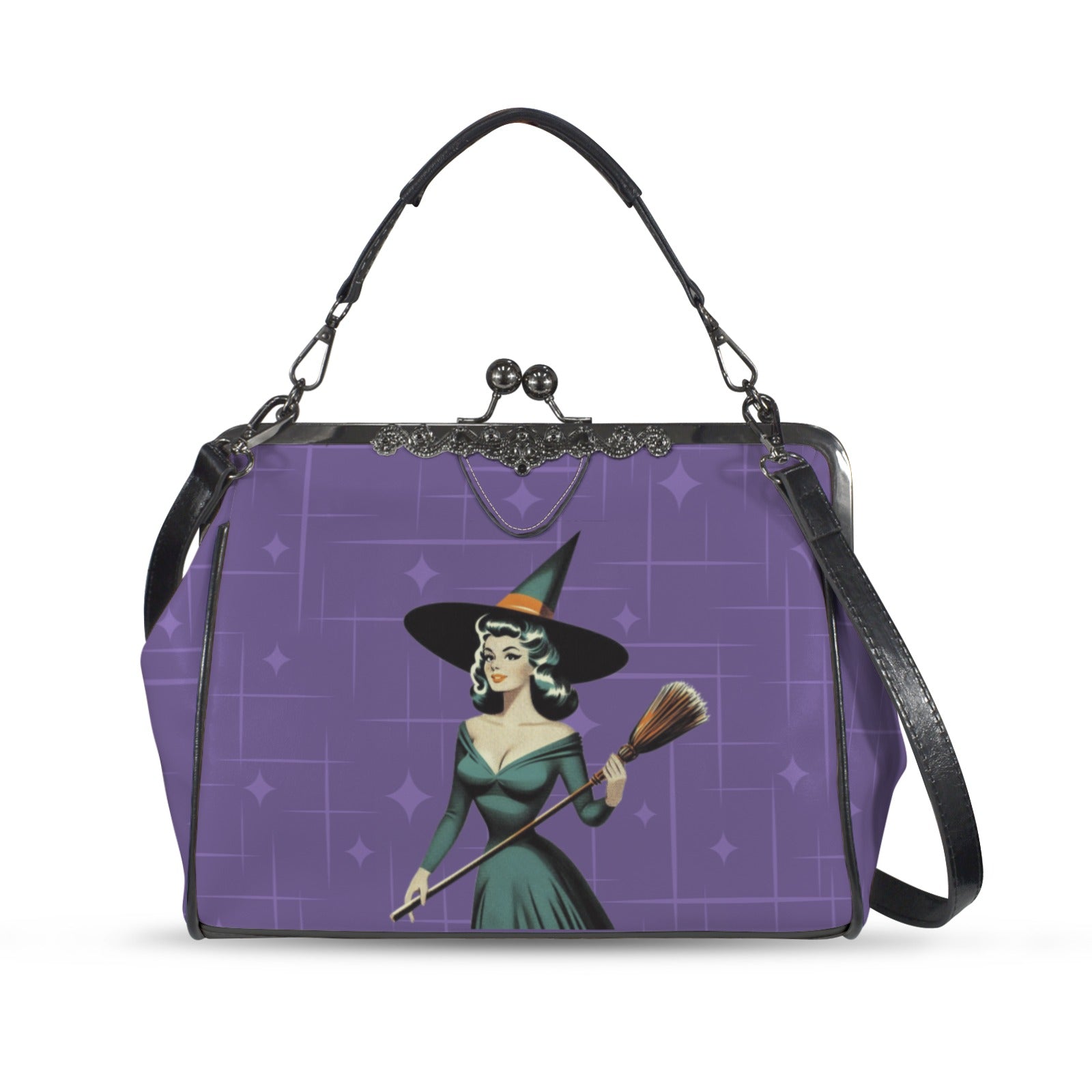 Mid Century Modern Vintage Pin Up Witch Purple Teal Halloween Kisslock Crossbody Purse - Mid Century Modern Gal