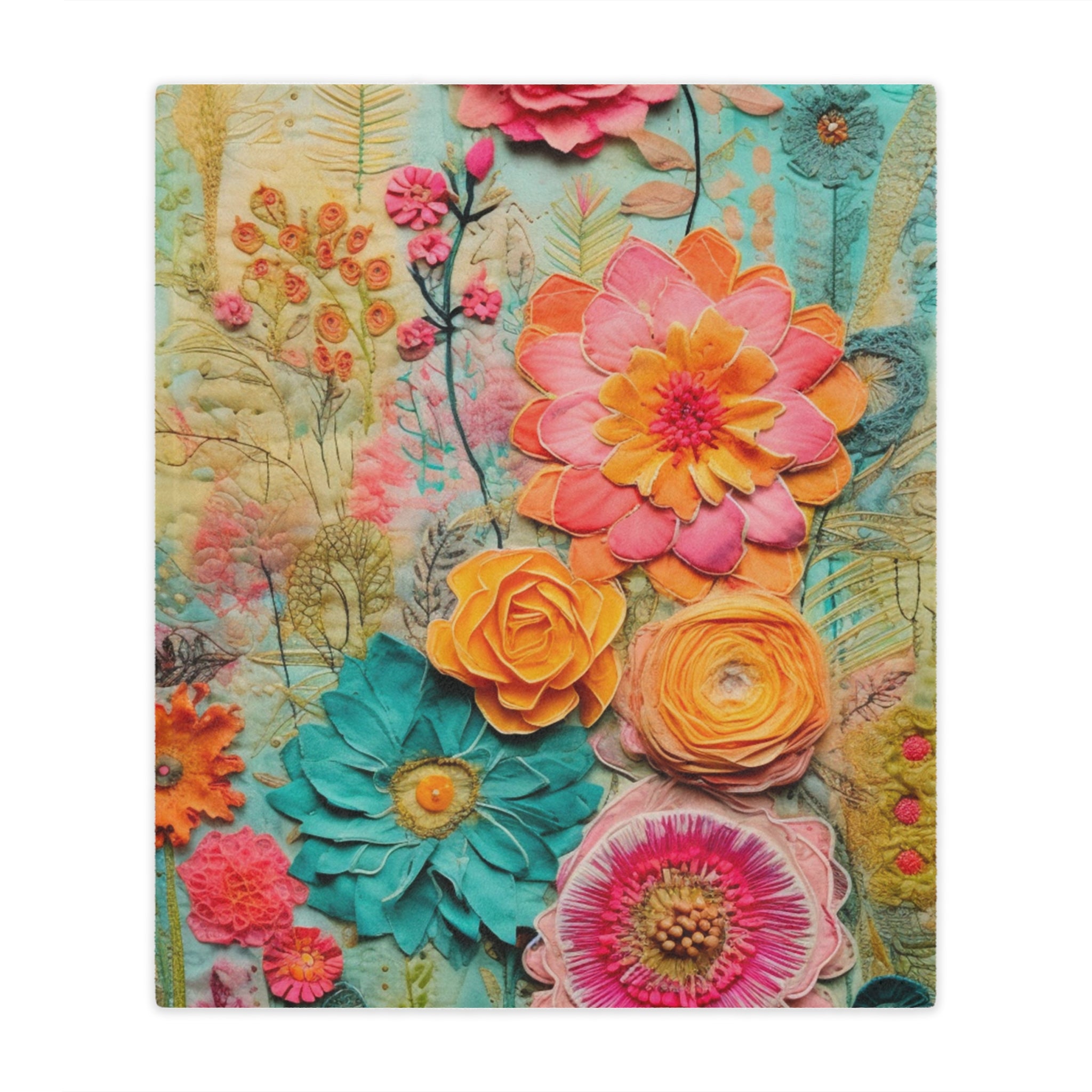 Bohemian Flower Hippie Blanket, Faux Embellished Florals, Spring, Boho Minky Blanket - Mid Century Modern Gal