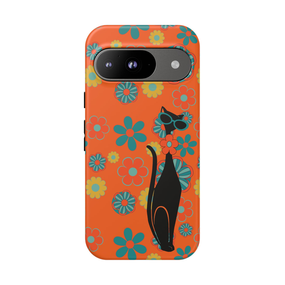 Flower Power, Retro Groovy Atomic Cat, Hipster Style Orange Samsung Galaxy and Google Pixel Tough Cases