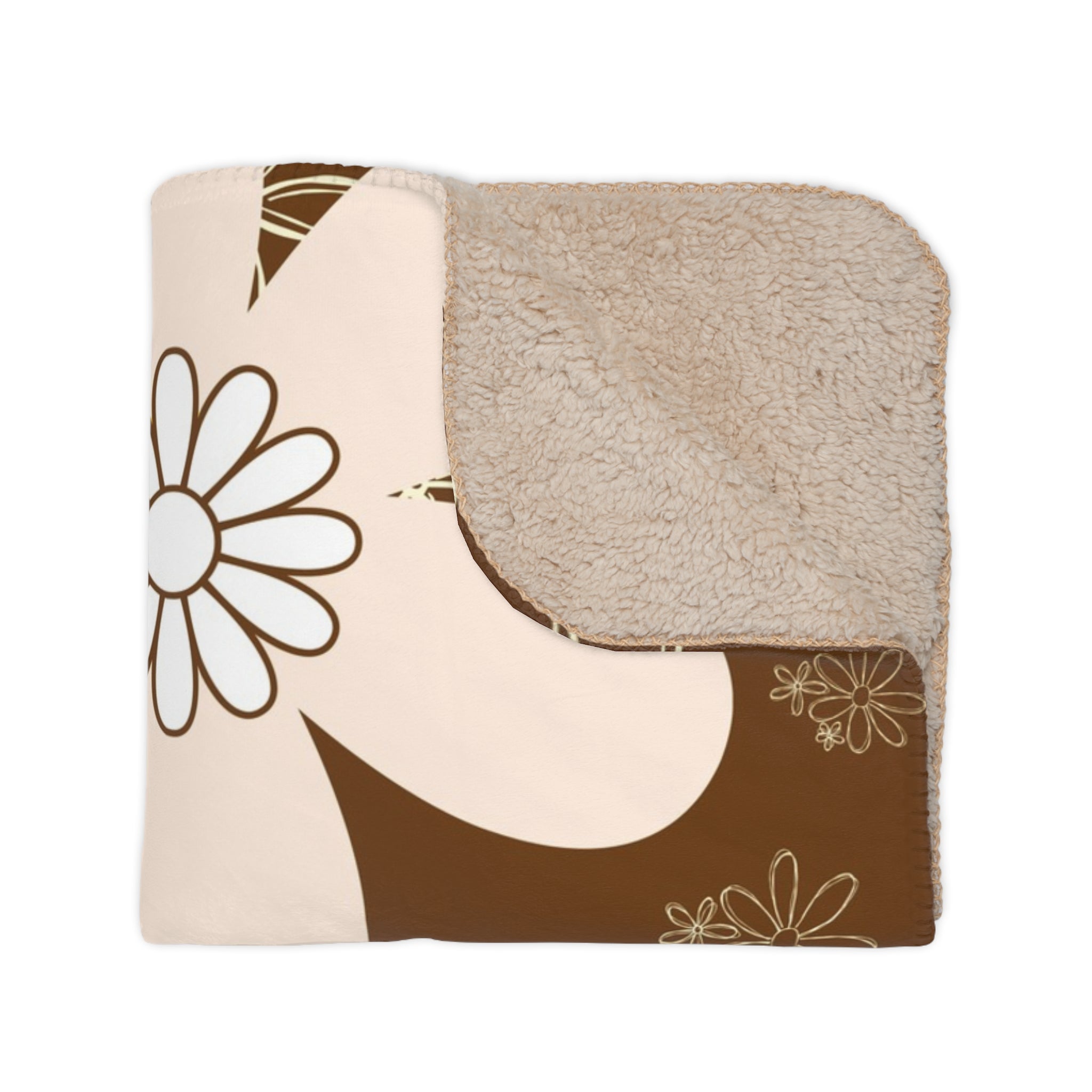 Retro Flower Power Brown, Orange Teal Pink Mid Mod Cozy Floral Tan Sherpa Blanket for Home & Gifts - Mid Century Modern Gal