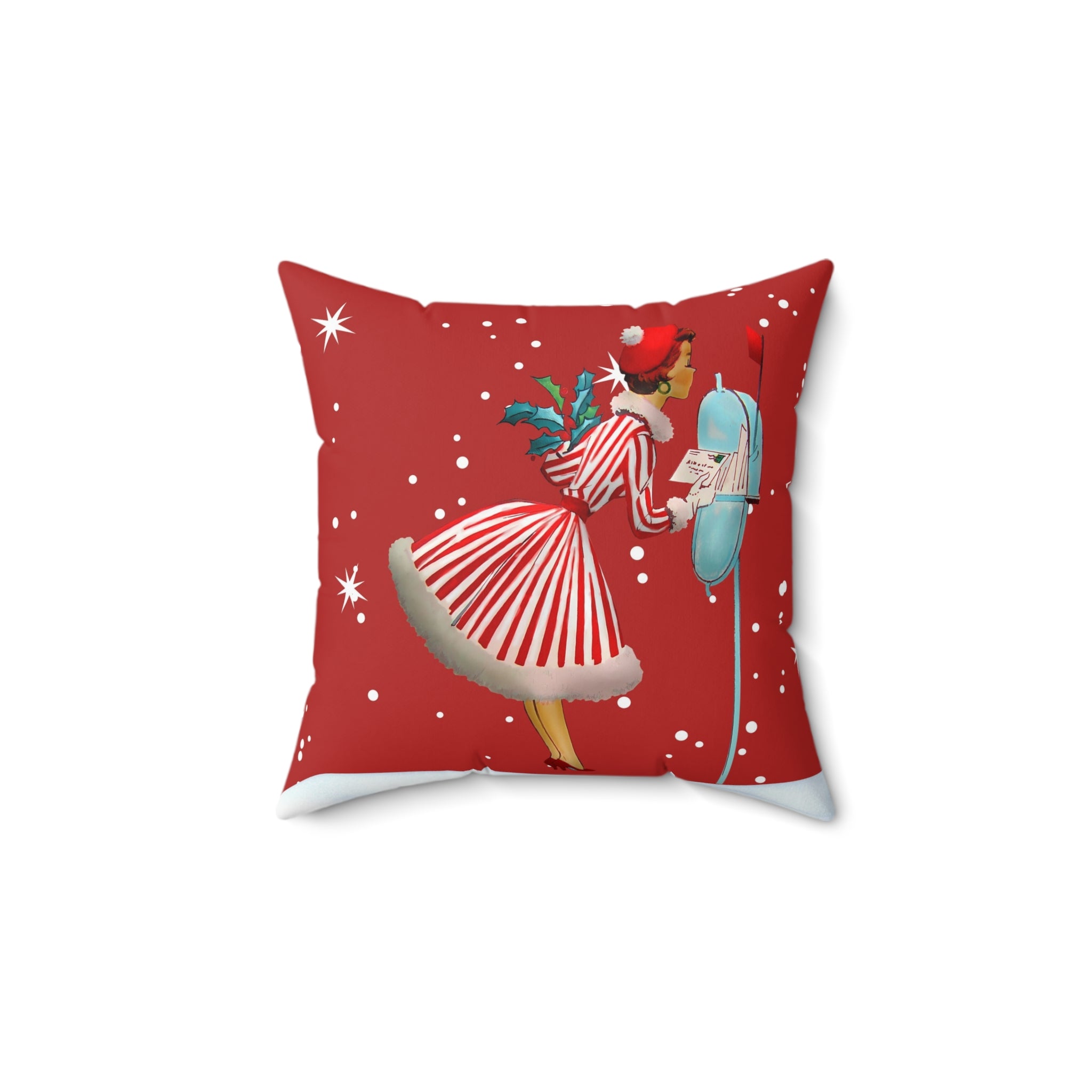 Vintage Christmas Decorative Pillow - Holiday Red with Retro Woman and Snowflakes - Mid Century Modern Gal