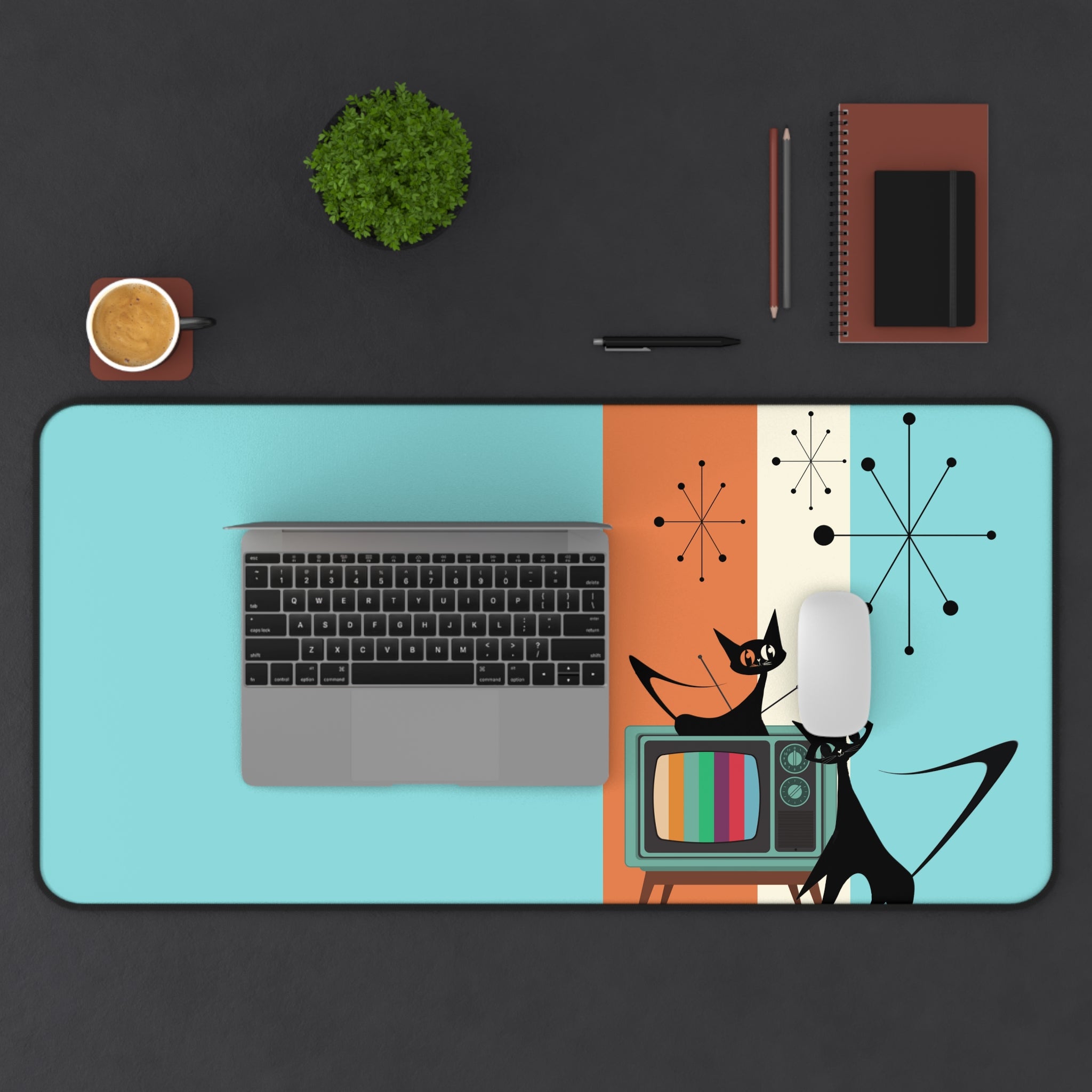 Atomic Cat, Aqua, Retro Mid Mod, Starburst, Orange, Cool Mid Century Modern Desk Mat - Mid Century Modern Gal