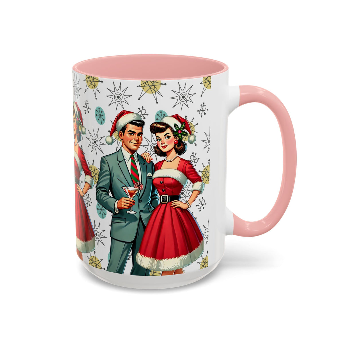 Mid Century Modern Christmas mug featuring a retro 50s couple in festive attire with an atomic starburst pattern.