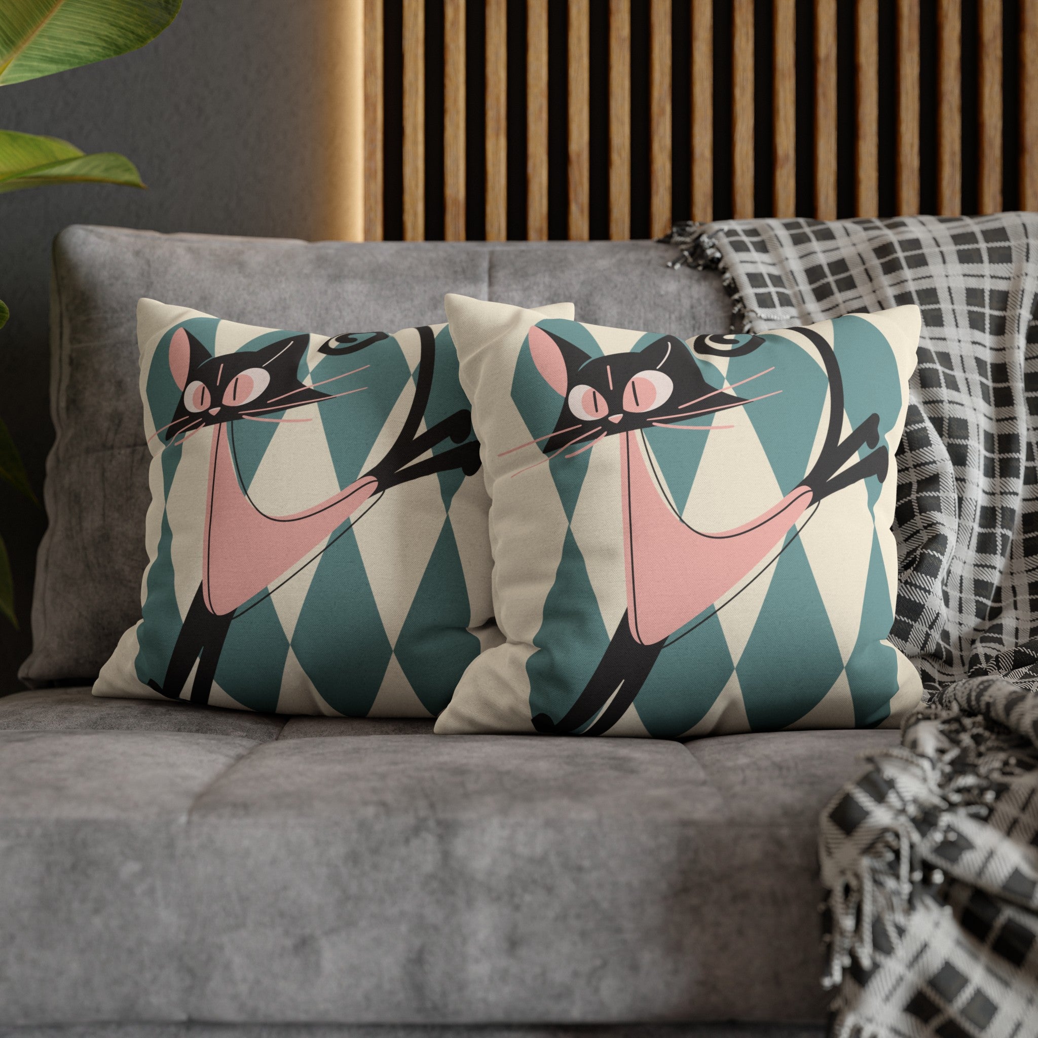 Atomic Kittie, Boomerang Mid Mod Atomic Cat, Harlequin Diamond Kitschy Pillow Cover - Mid Century Modern Gal