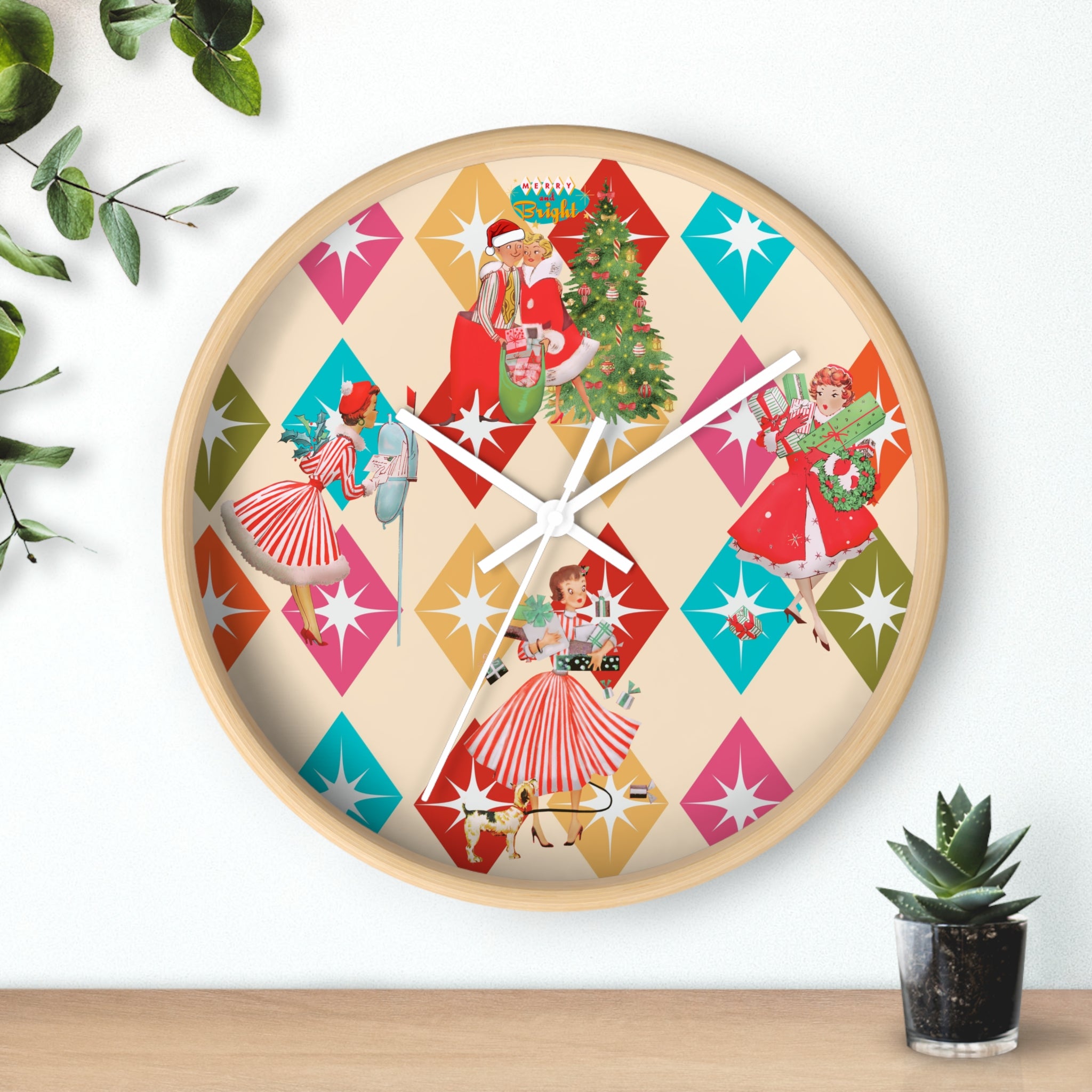 Holiday Retro Vintage Christmas Kitsch, Mid Century Modern Christmas Card Fun Kitschy 50s X-mas Wall Clock - Mid Century Modern Gal