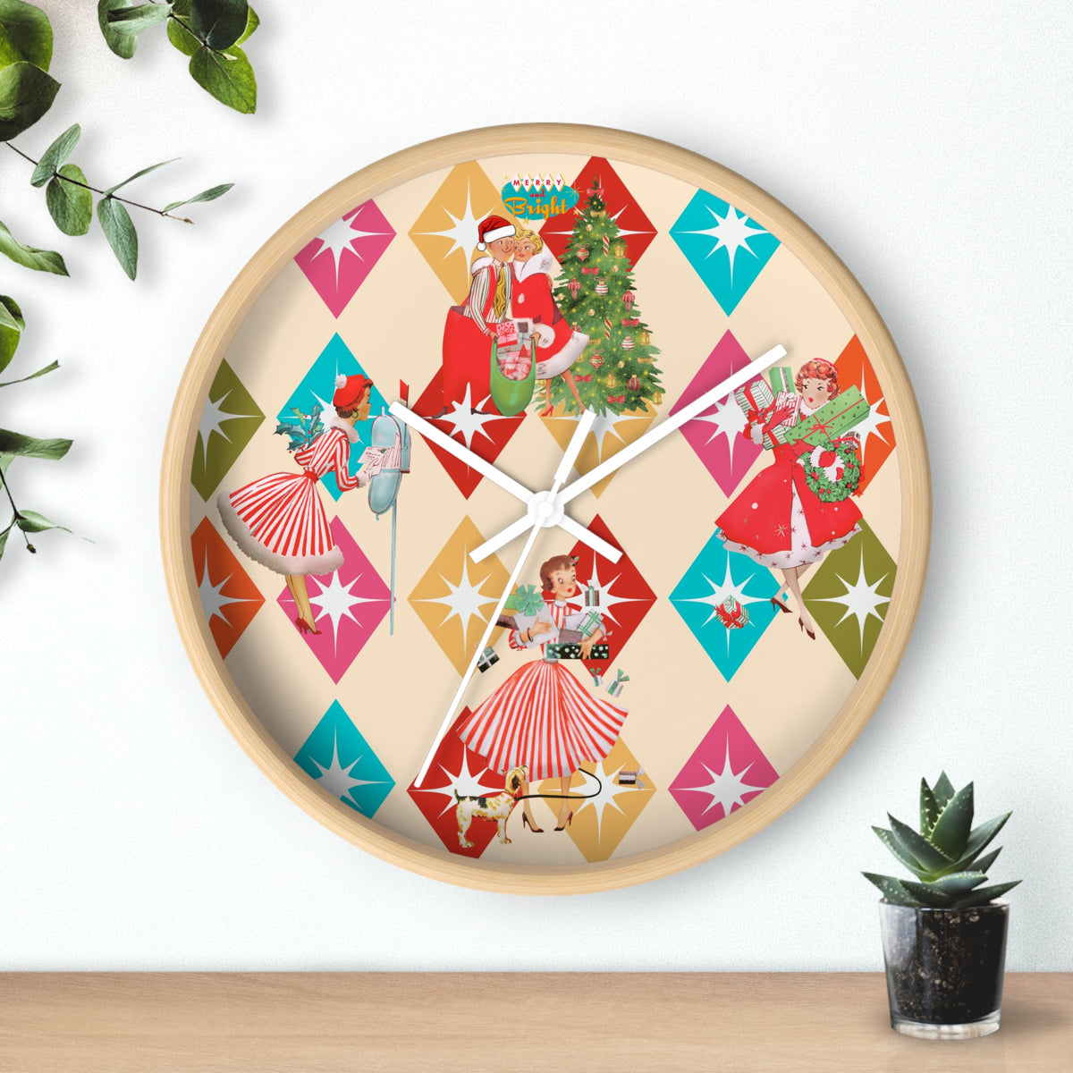 Holiday Retro Vintage Christmas Kitsch, Mid Century Modern Christmas Card Fun Kitschy 50s X-mas Wall Clock - Mid Century Modern Gal