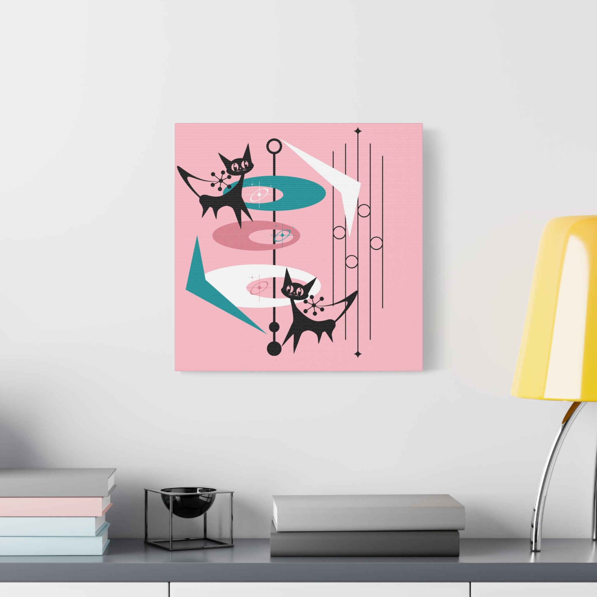 Atomic Cat Pink Abstract Minimalist Mid Century Modern Wall Canvas Art - Modern Geometric Wall Decor - Mid Century Modern Gal