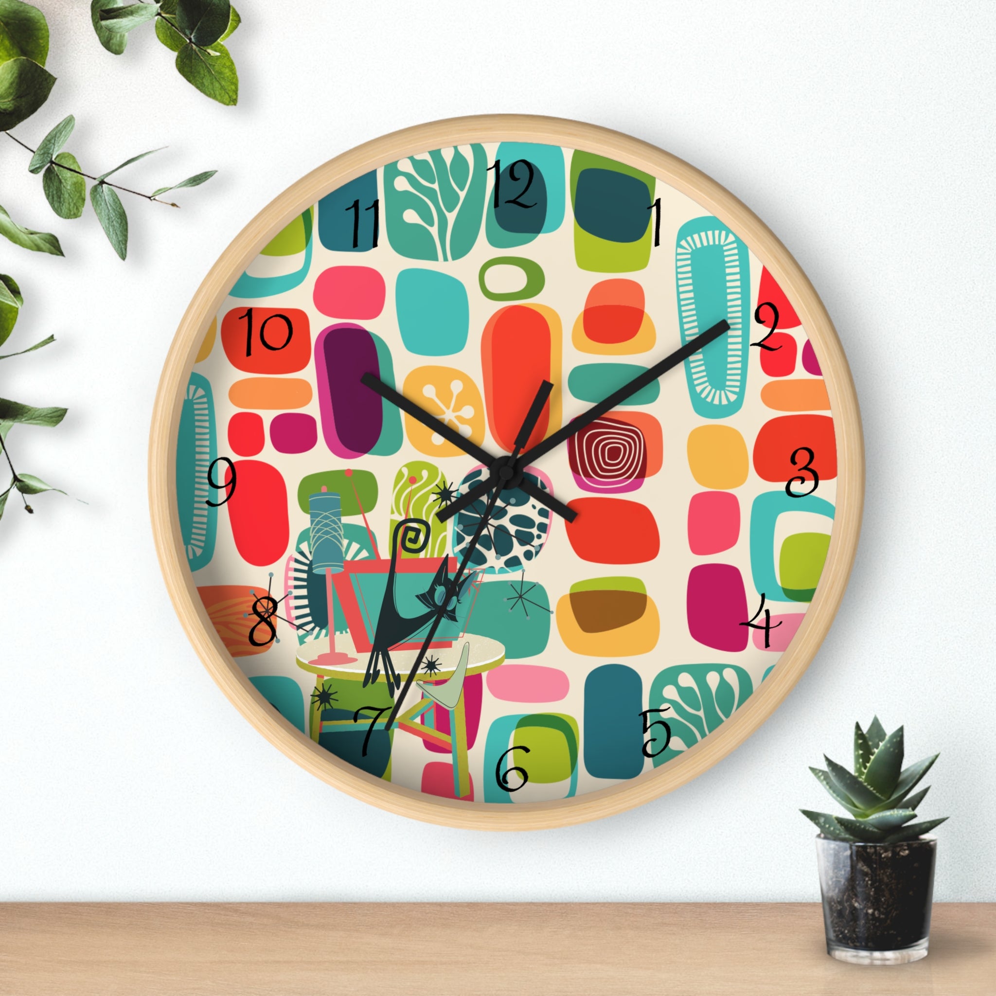 Mid Mod Amoeba Design With Kitschy Atomic Cat, Quirky Fun Retro Wall Clock - Mid Century Modern Gal