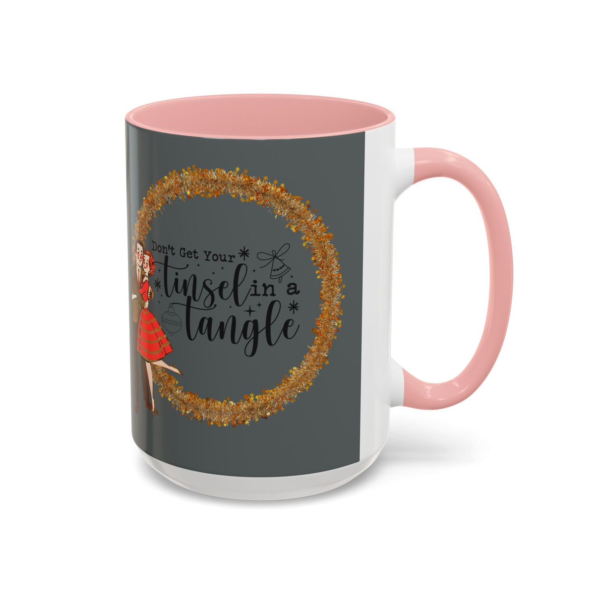 Vintage 50s-inspired mug featuring a playful holiday design with the phrase "Don't Get Your Tinsel In A Tangle" and a festive character.