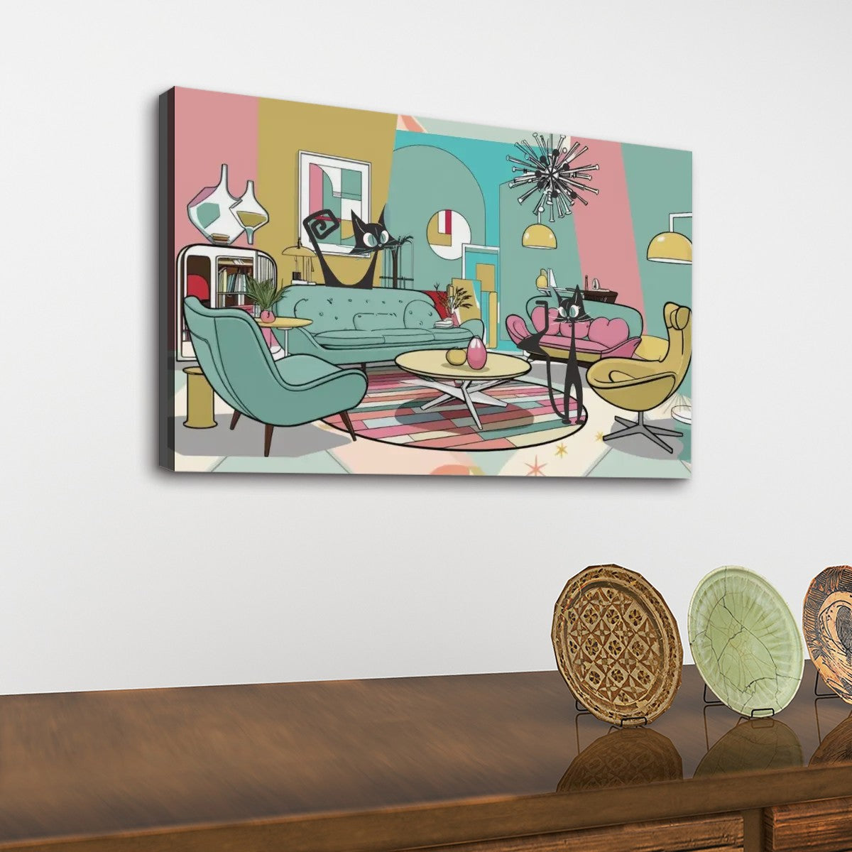 Atomic Cat Mid Century Modern Wall Art, Quirky Cats, Retro Canvas Print - Mid Century Modern Gal