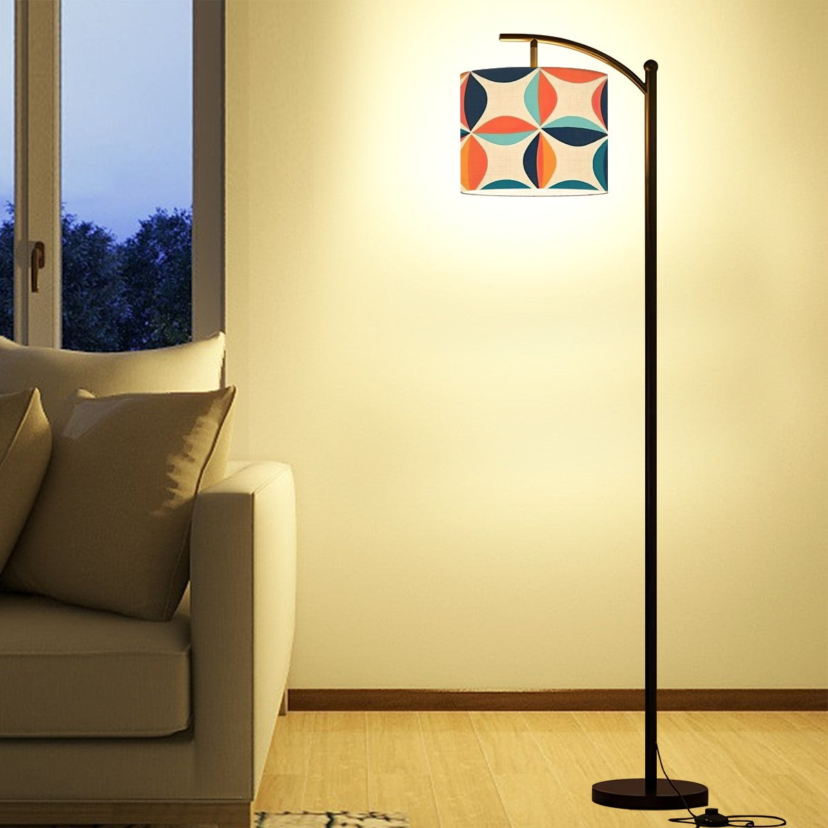 Mid Century Modern Arc Floor Lamp Scandinavian Blue, Orange, Teal 60s Geometric Pattern - Mid Century Modern Gal