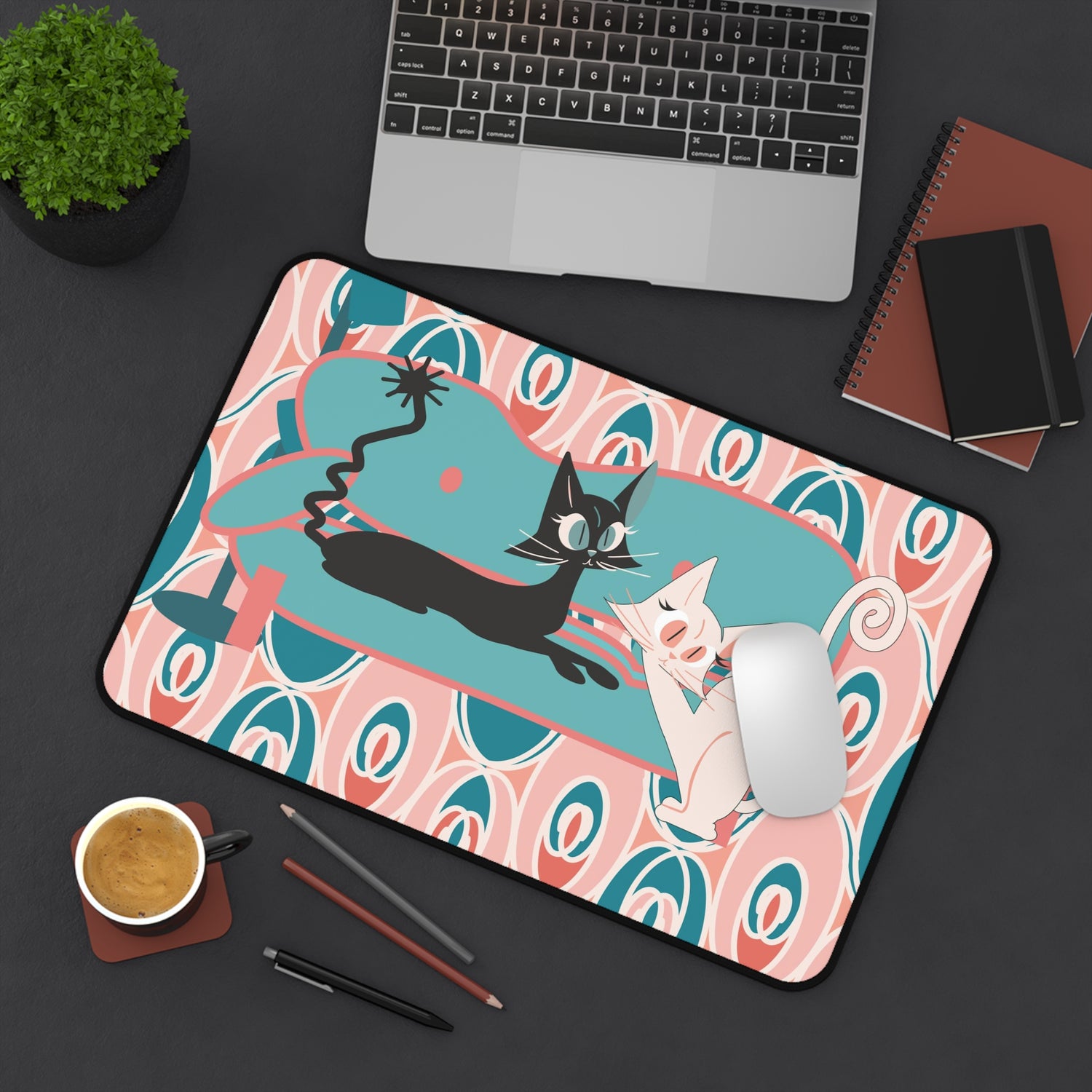 Mid Century Modern Atomic Cat Desk Mat, Pink, Teal, Cute And Kitschy Retro Office Decor - Mid Century Modern Gal