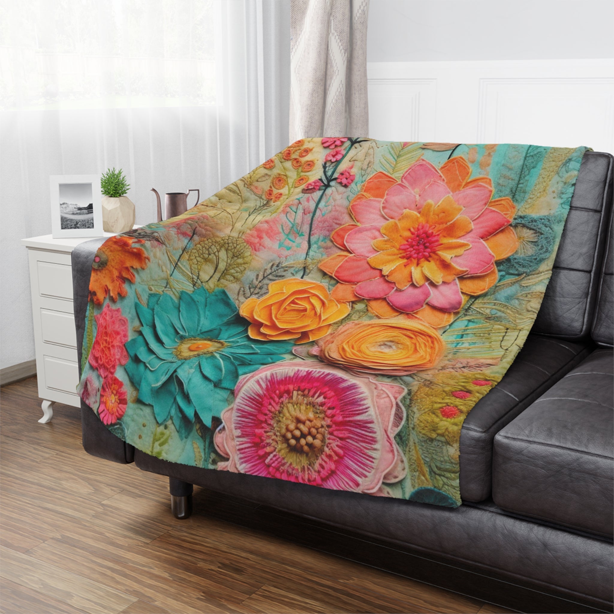 Bohemian Flower Hippie Blanket, Faux Embellished Florals, Spring, Boho Minky Blanket - Mid Century Modern Gal