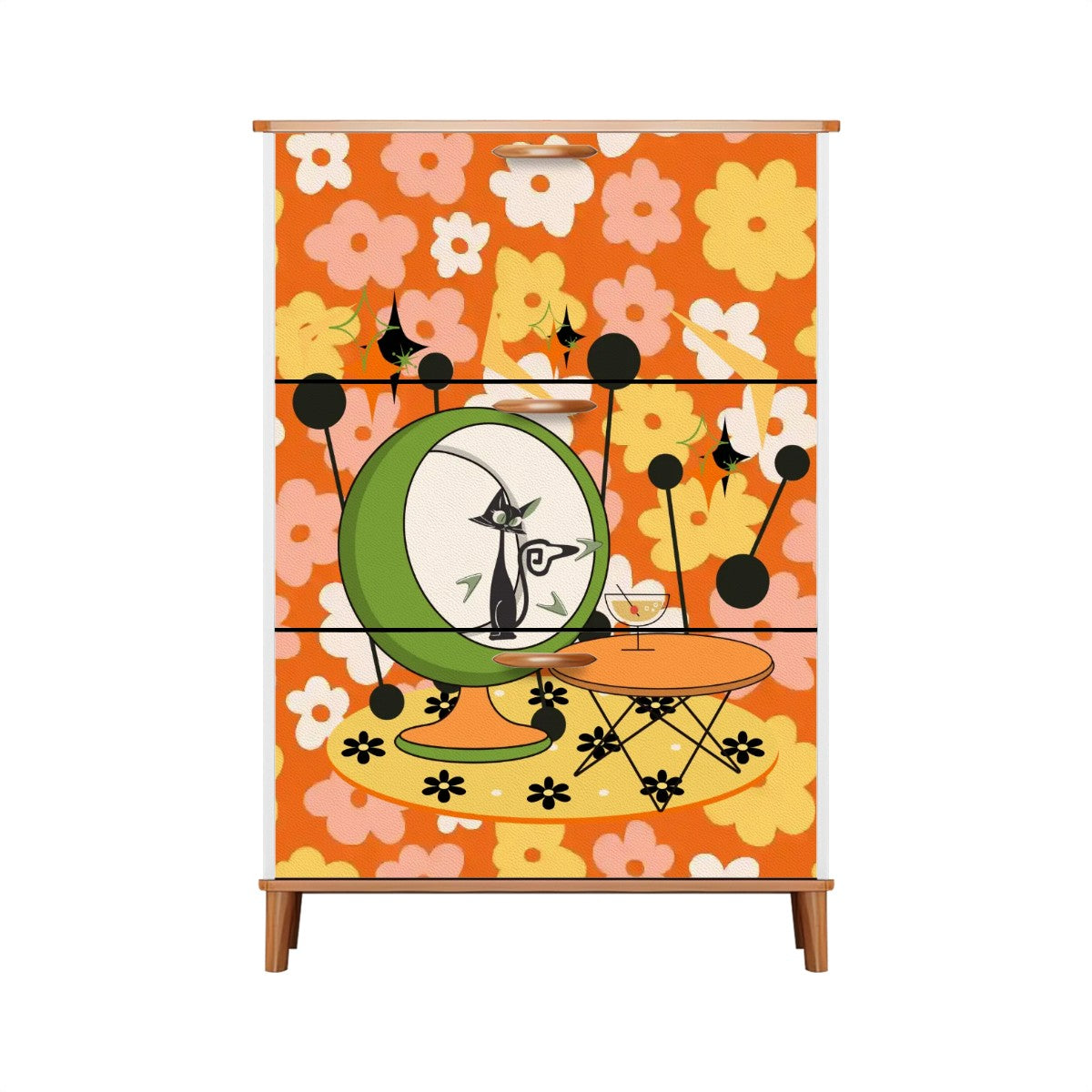 Retro Groovy Cat, Flower Power 70s Vibe, Kitschy Mid Mod Shoe Cabinet - Mid Century Modern Gal