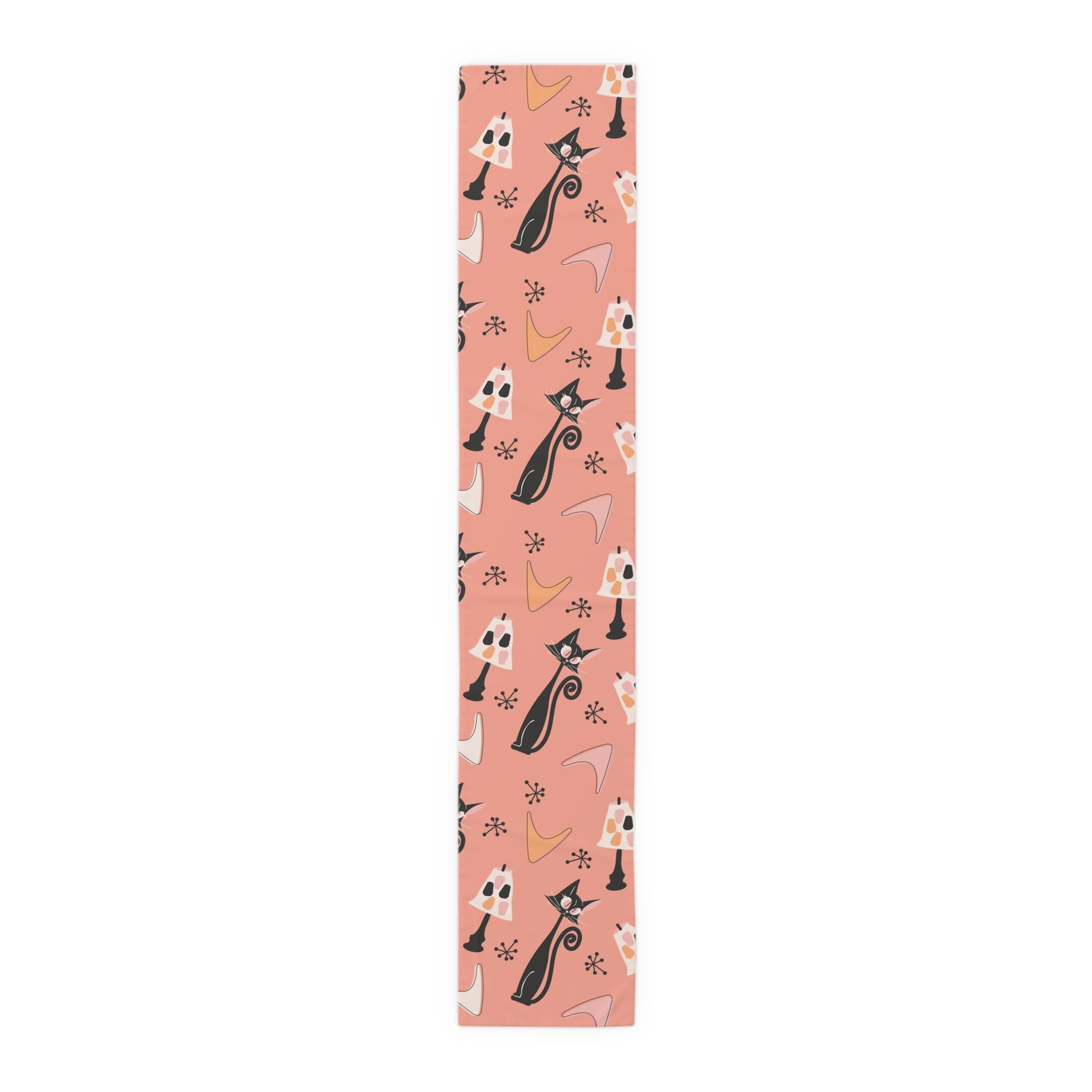 Atomic Cat Table Runner, Coral, Black White Kitties, Boomerang Pattern With Quirky Lamps, Mid Century Modern Table Decor - Mid Century Modern Gal